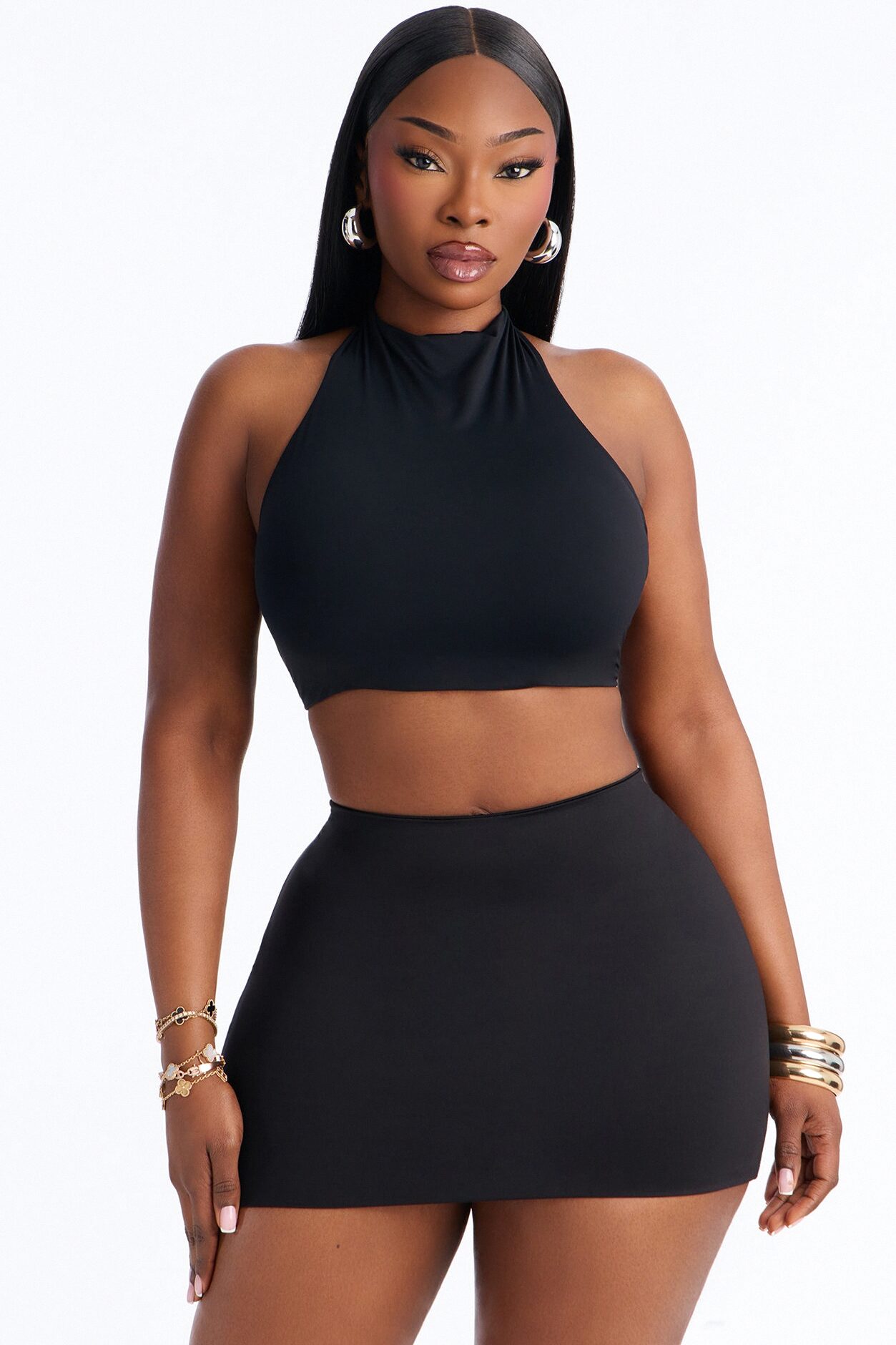 Second Skin Padded Backless Mock Neck Halter Top - Black