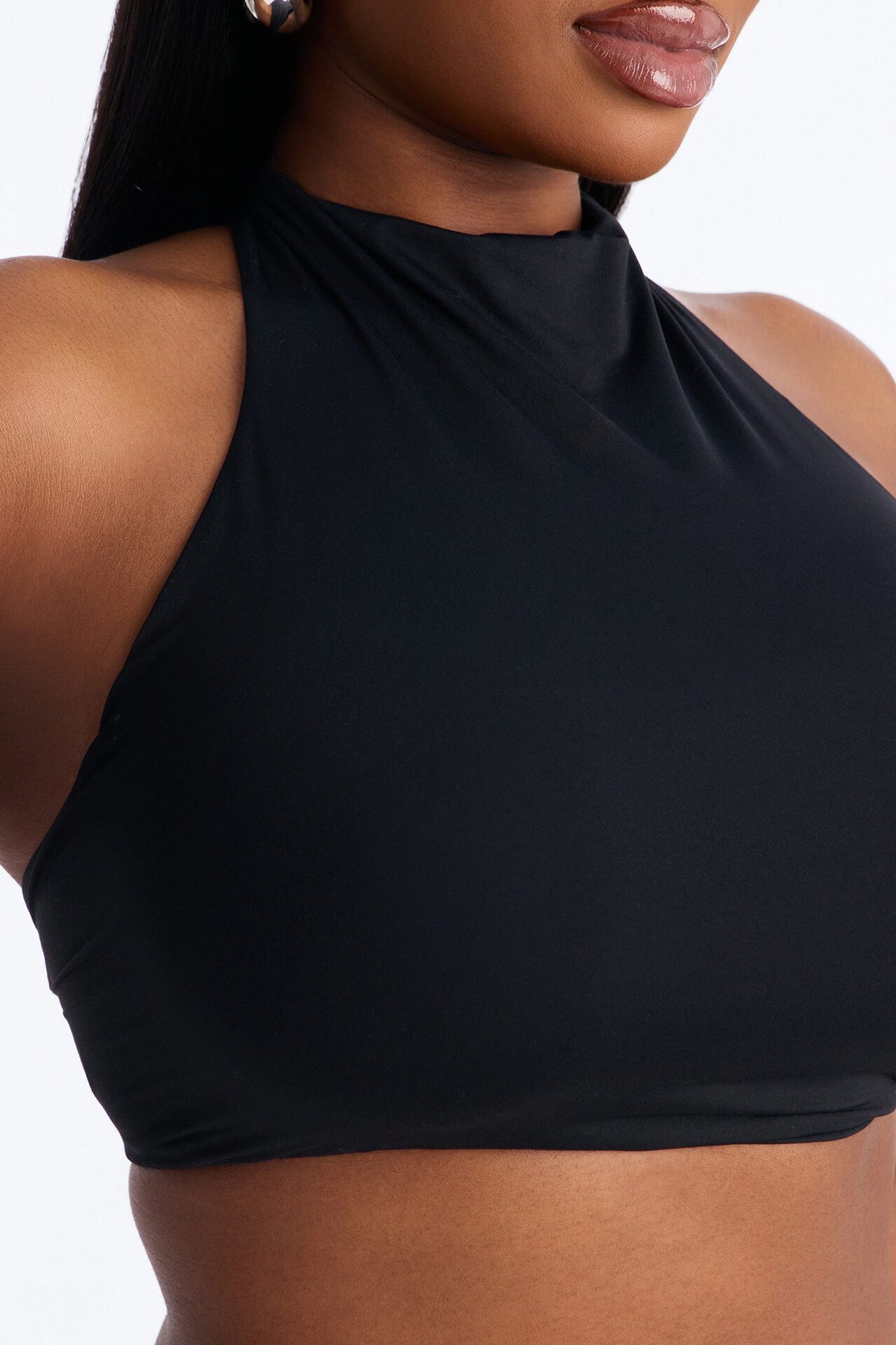Second Skin Padded Backless Mock Neck Halter Top - Black