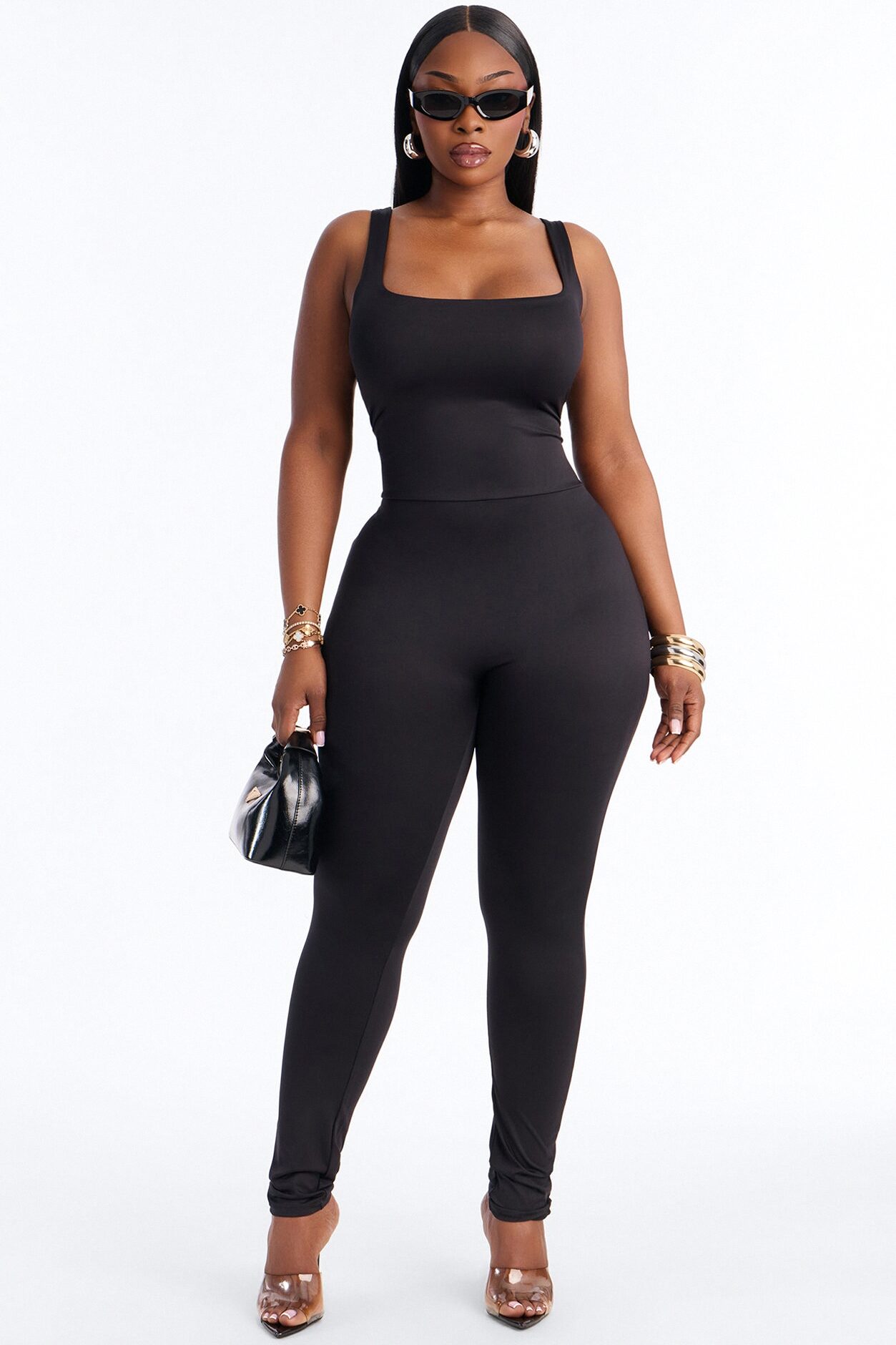 Contour Double Lined Sleeveless Square Neck Jumpsuit - Black