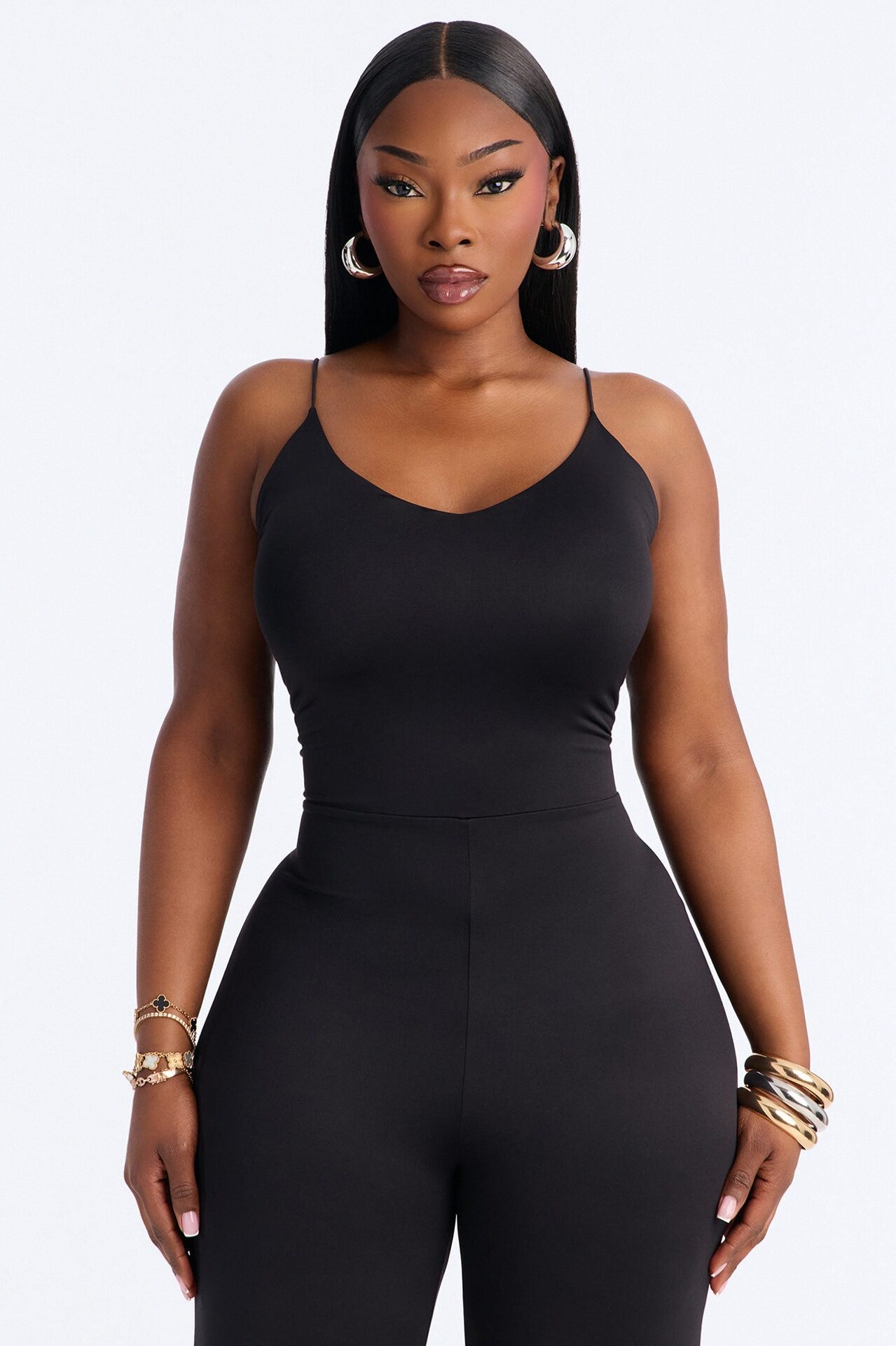 Contour Double Lined Spaghetti Strap Scoop Neck Jumpsuit - Black