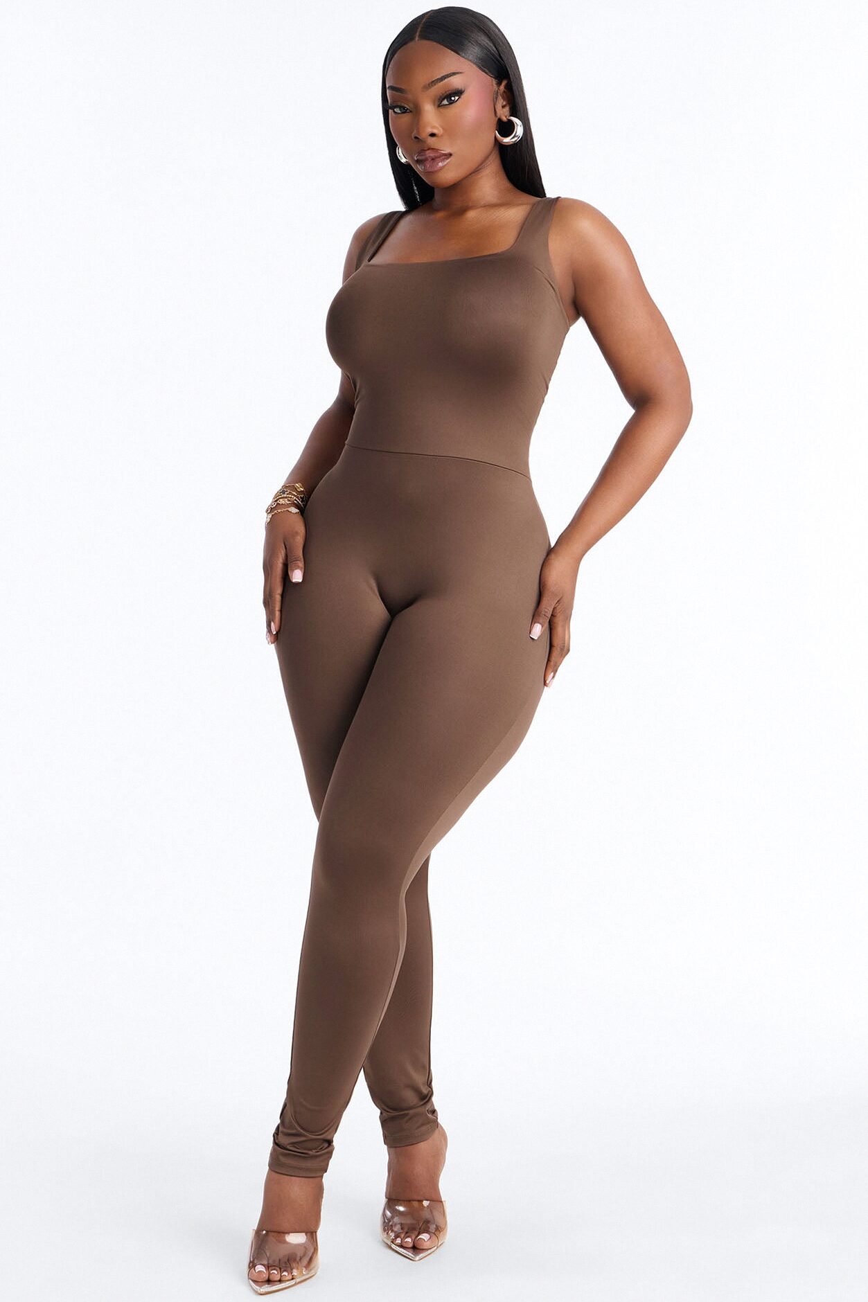 Contour Double Lined Sleeveless Square Neck Jumpsuit - Brown