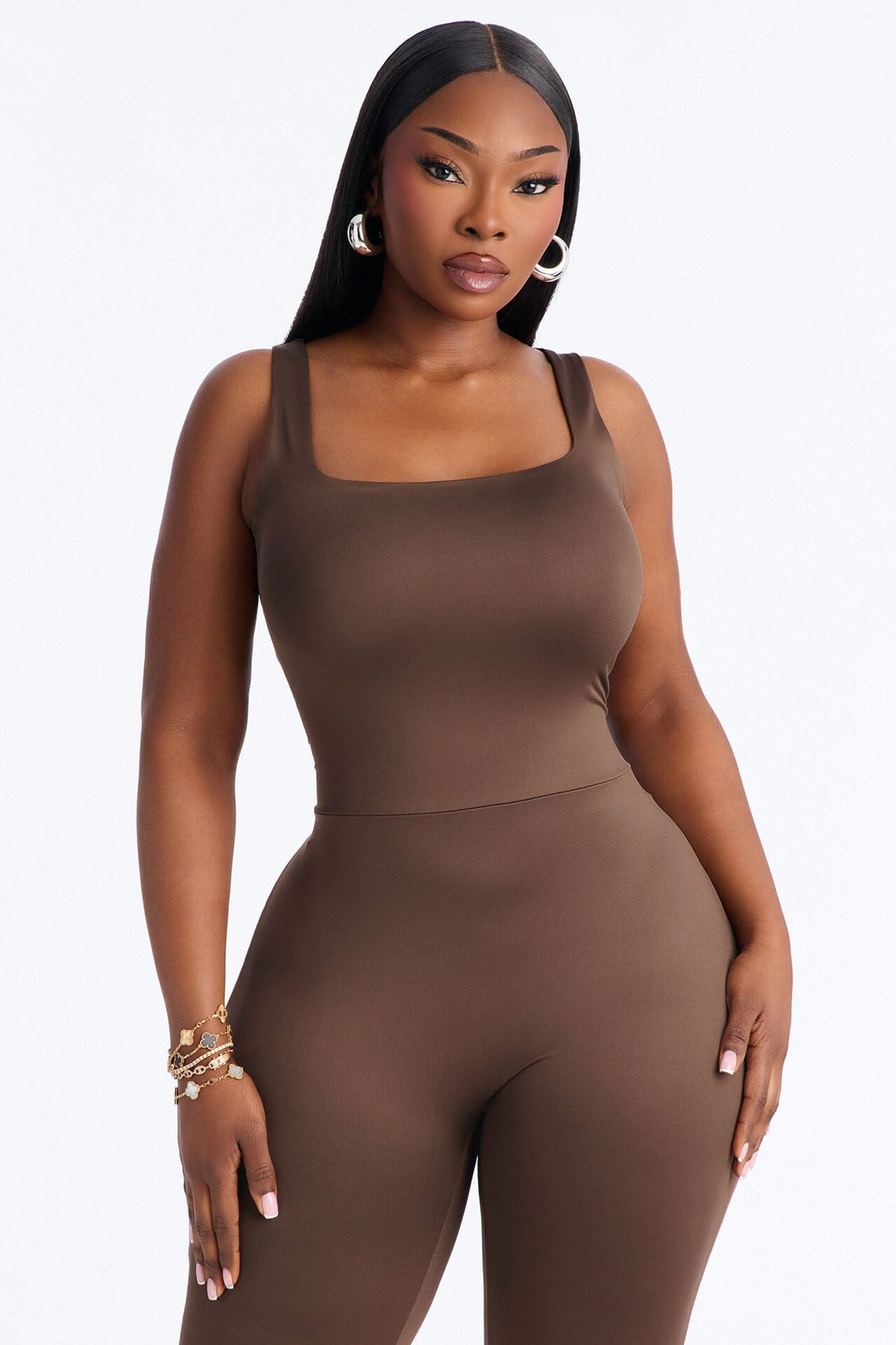 Contour Double Lined Sleeveless Square Neck Jumpsuit - Brown