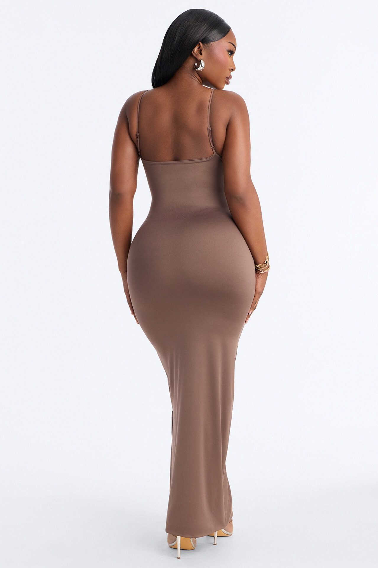 Contour Double Lined Scoop Neck Spaghetti Strap Maxi Dress - Brown