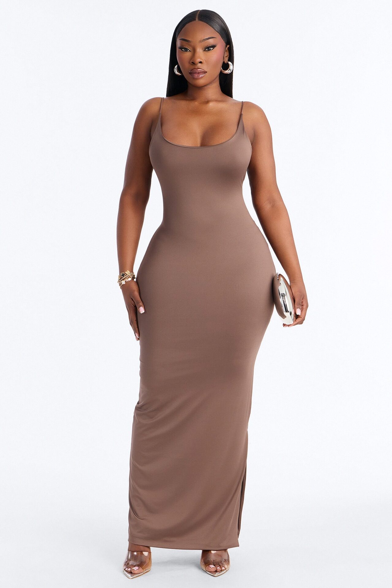 Contour Double Lined Scoop Neck Spaghetti Strap Maxi Dress - Brown
