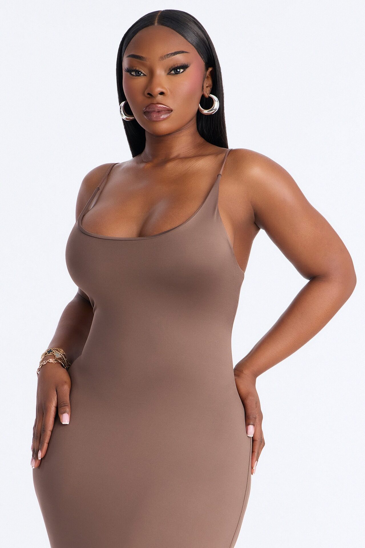 Contour Double Lined Scoop Neck Spaghetti Strap Maxi Dress - Brown