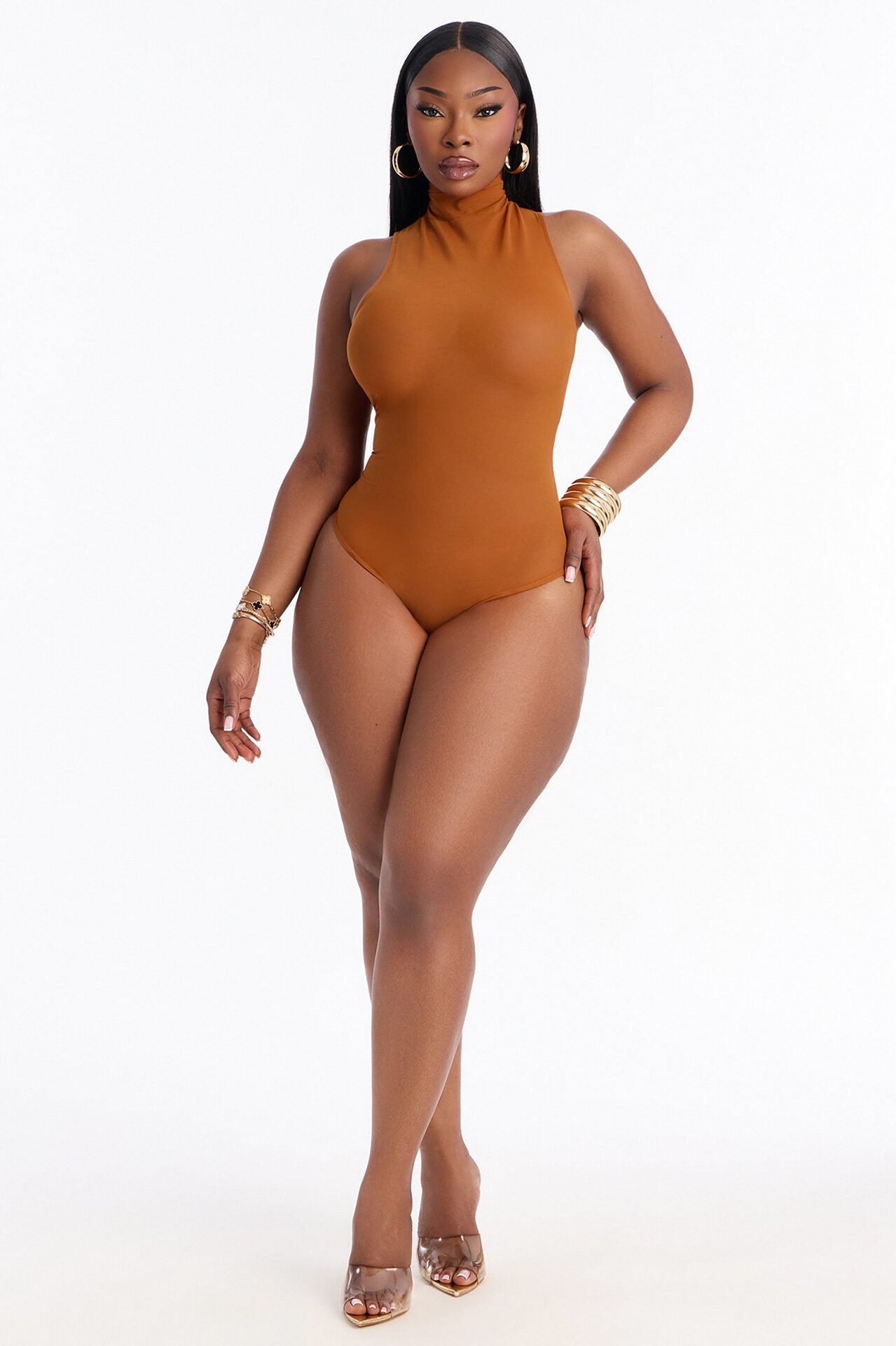 Power Mesh Turtle Neck Sleeveless Bodysuit - Copper
