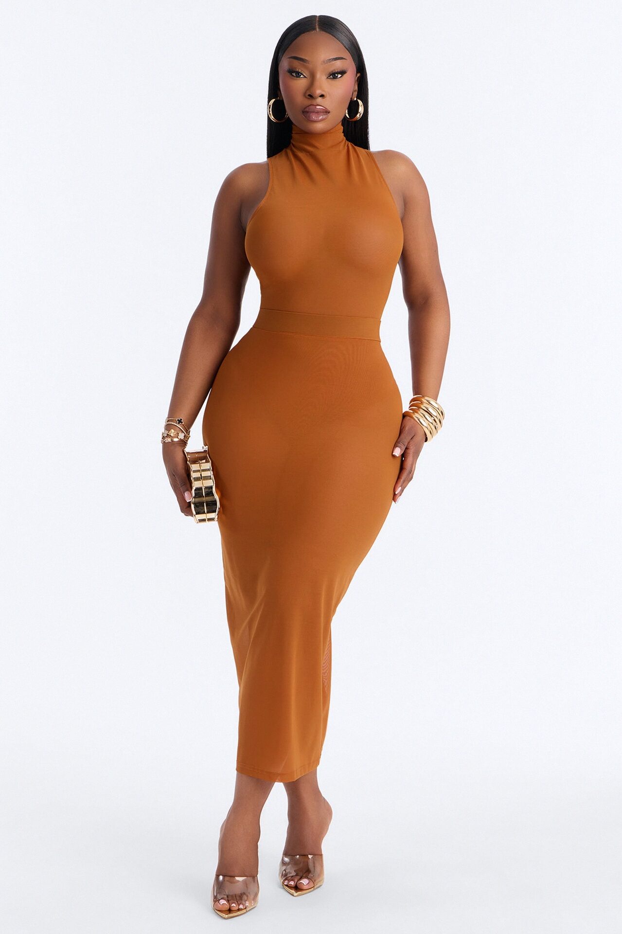 Power Mesh Midi Pencil Skirt - Copper