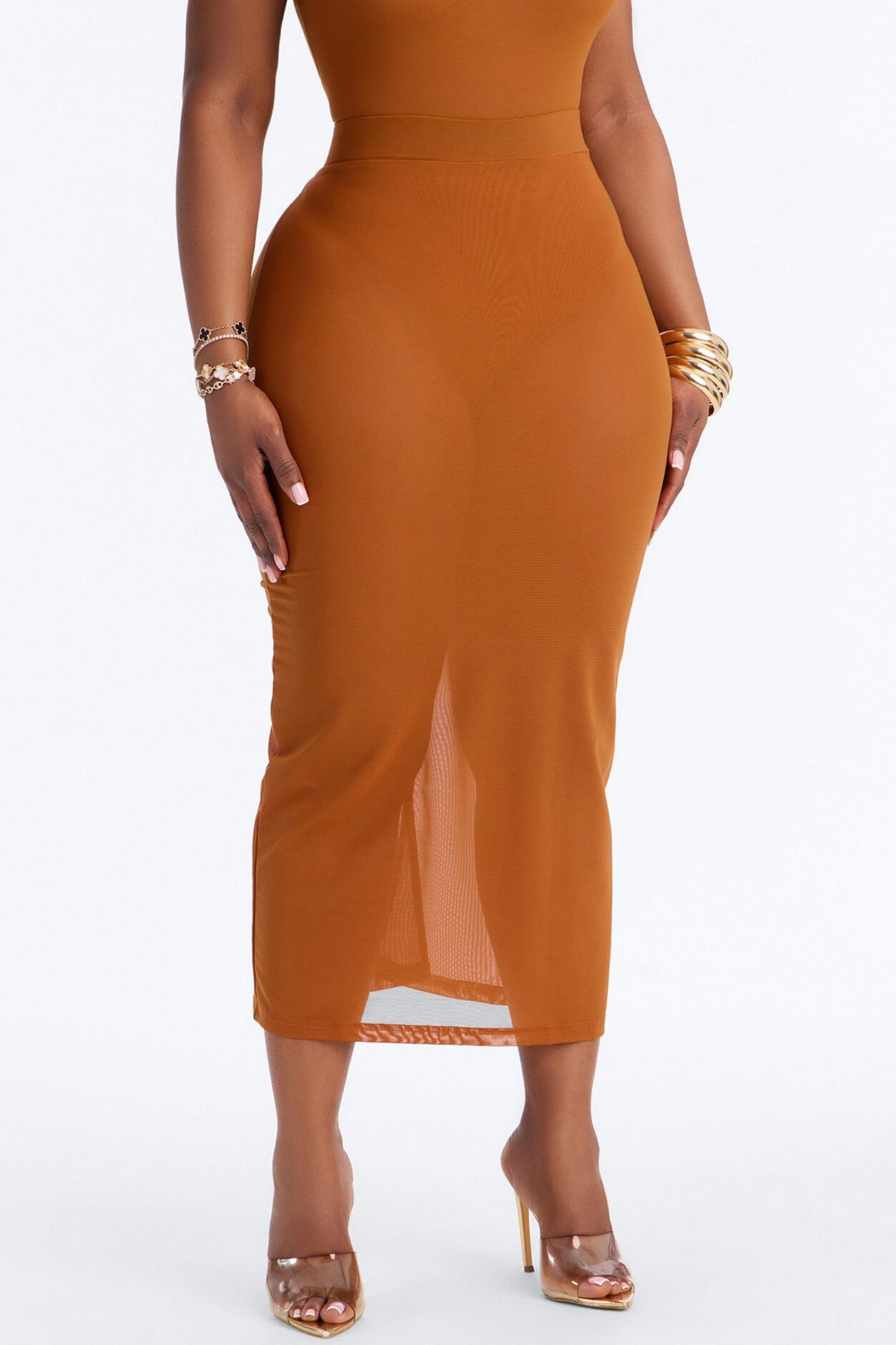 Power Mesh Midi Pencil Skirt - Copper