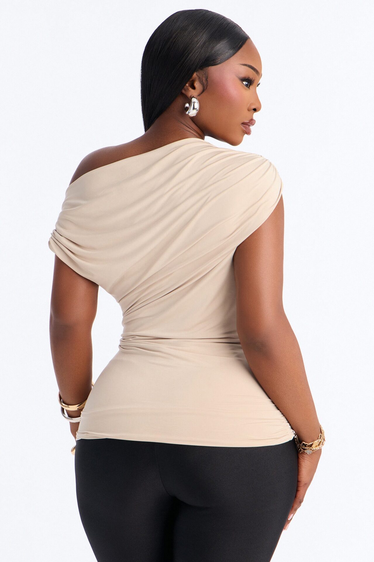 Aya Off Shoulder Twist Short Sleeve Top - Stone