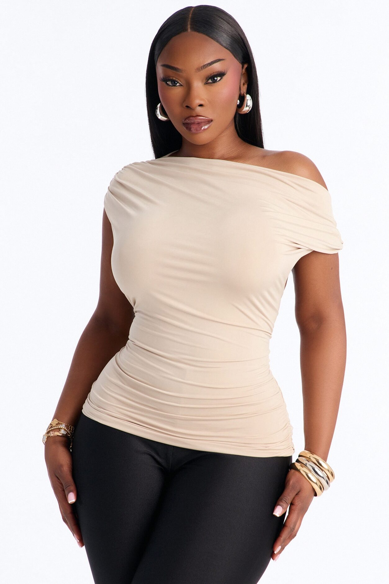 Aya Off Shoulder Twist Short Sleeve Top - Stone
