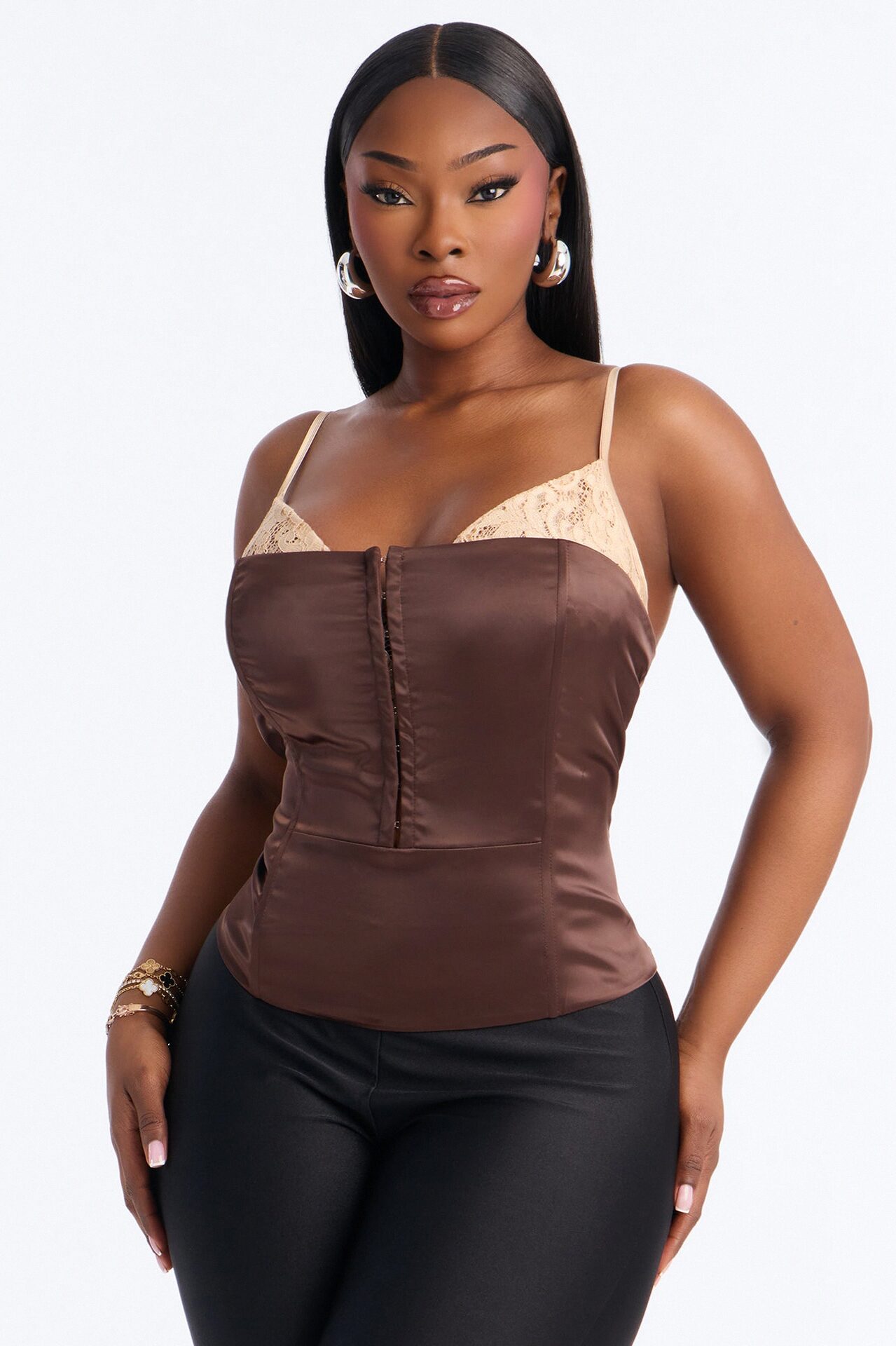 Out Of Your League Lace Contrast Satin Corset - Brown/combo
