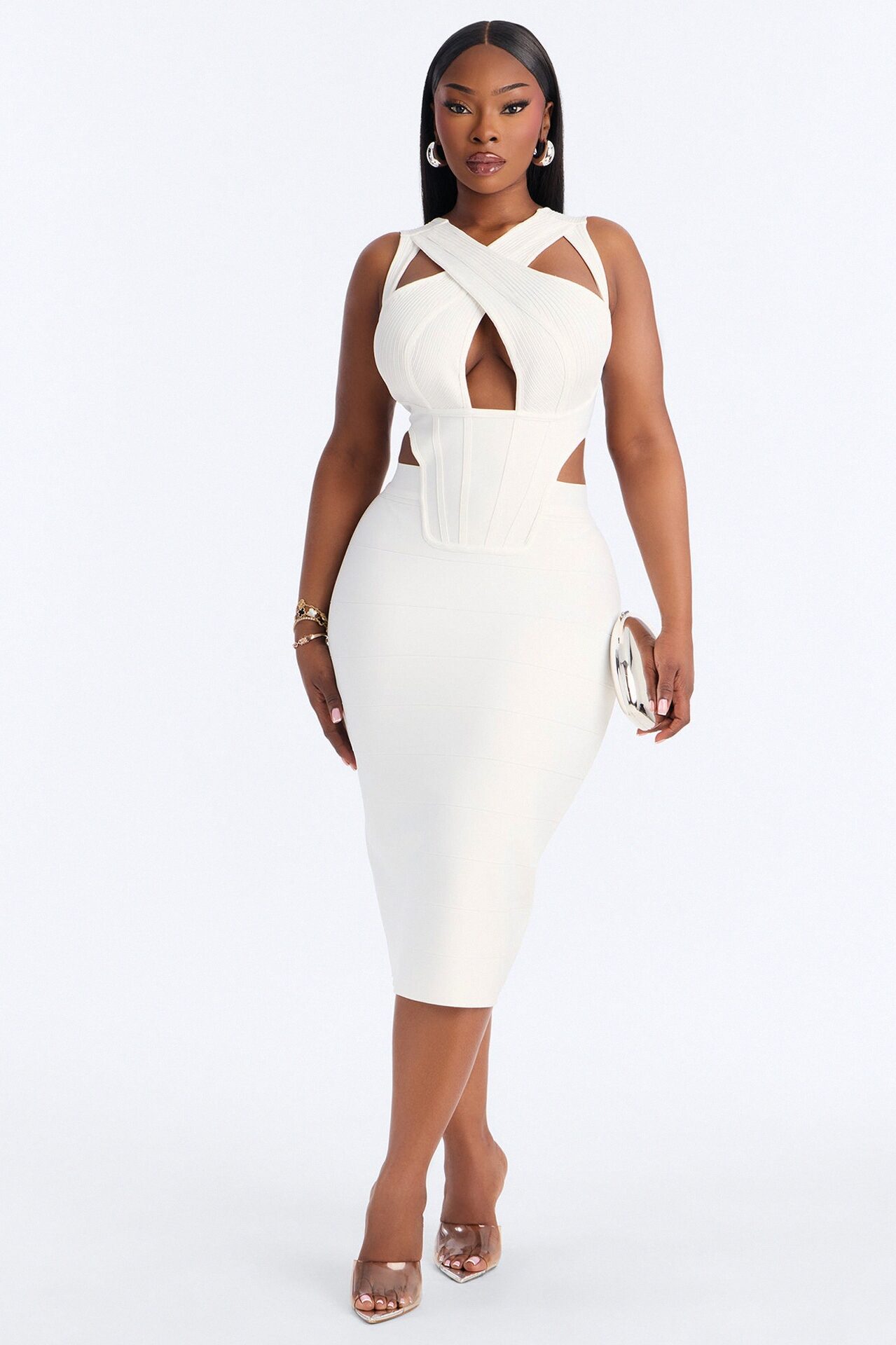 Center Of Attention Cut Out Bandage Midi Dress - White