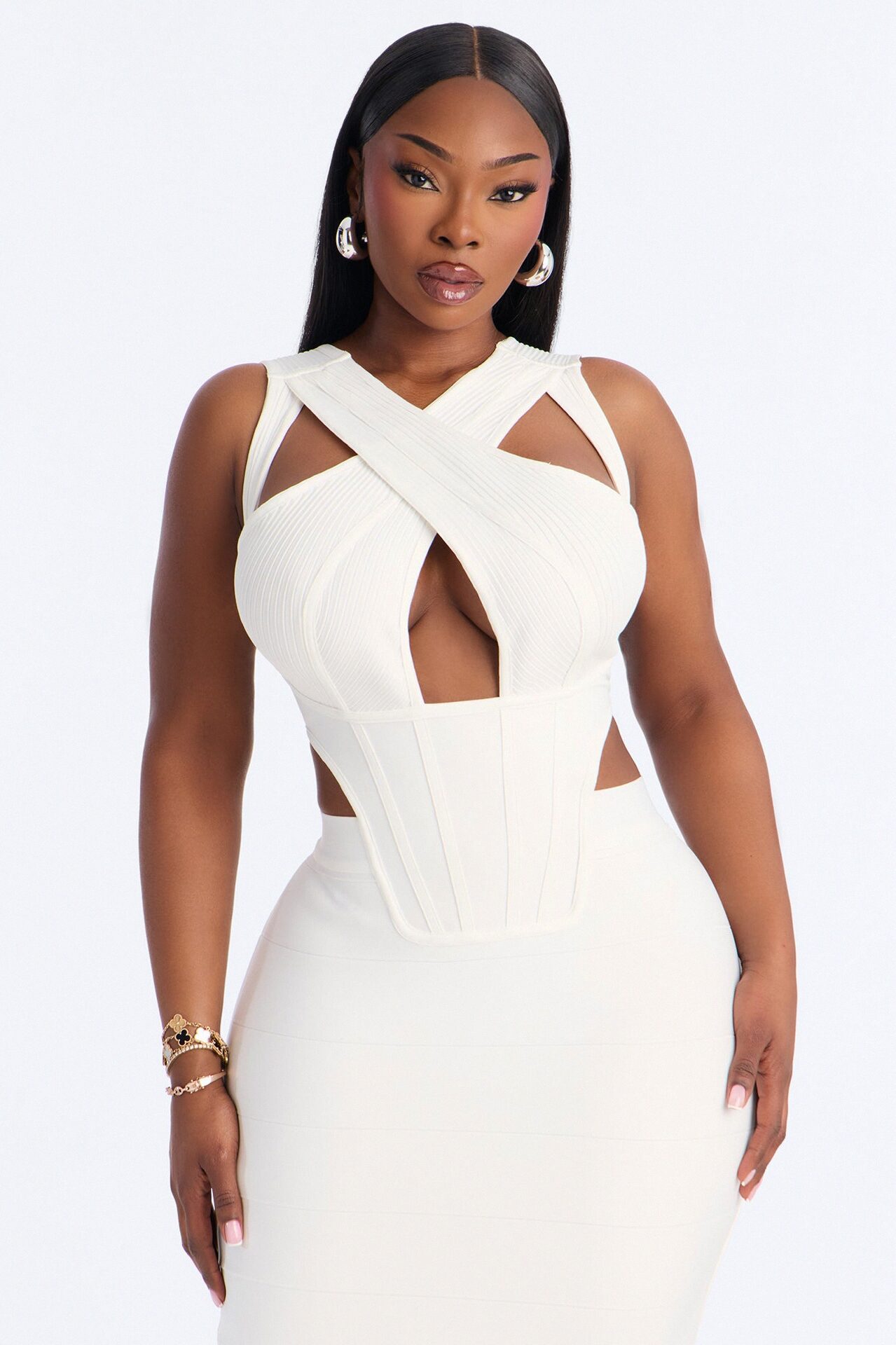 Center Of Attention Cut Out Bandage Midi Dress - White