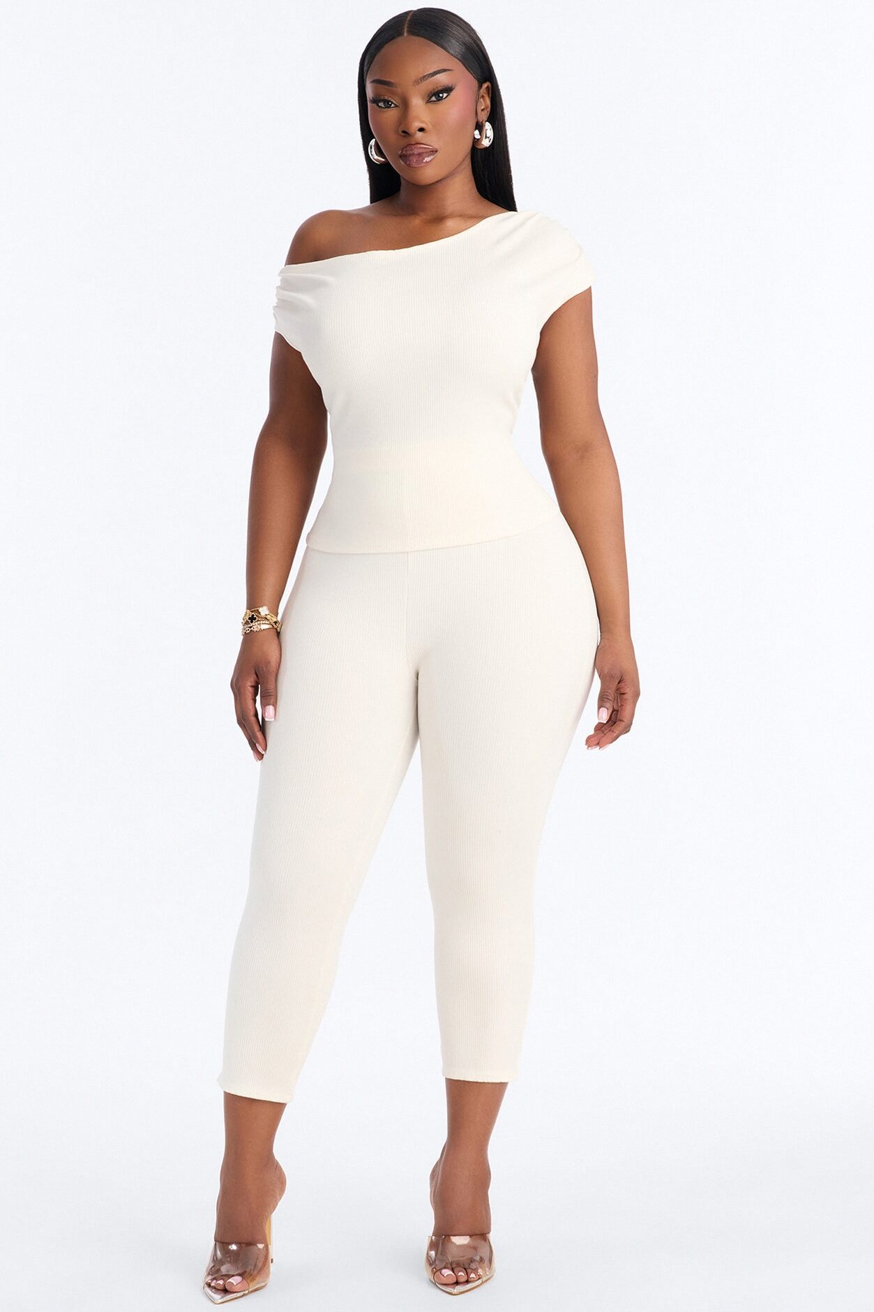 Ariella Off Shoulder Snatched Capri Set - Off White