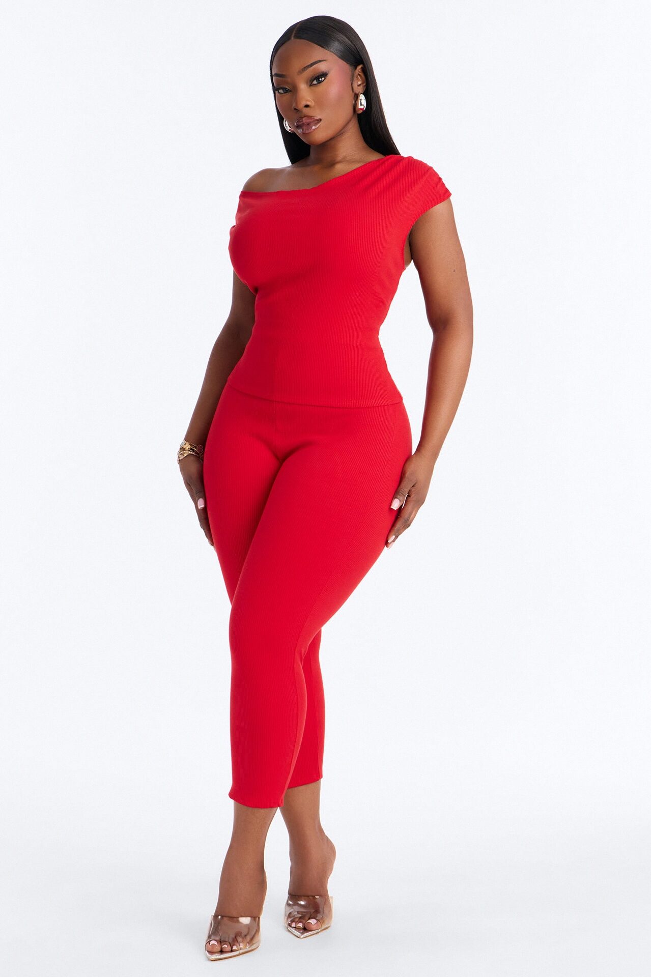 Ariella Off Shoulder Snatched Capri Set - Red