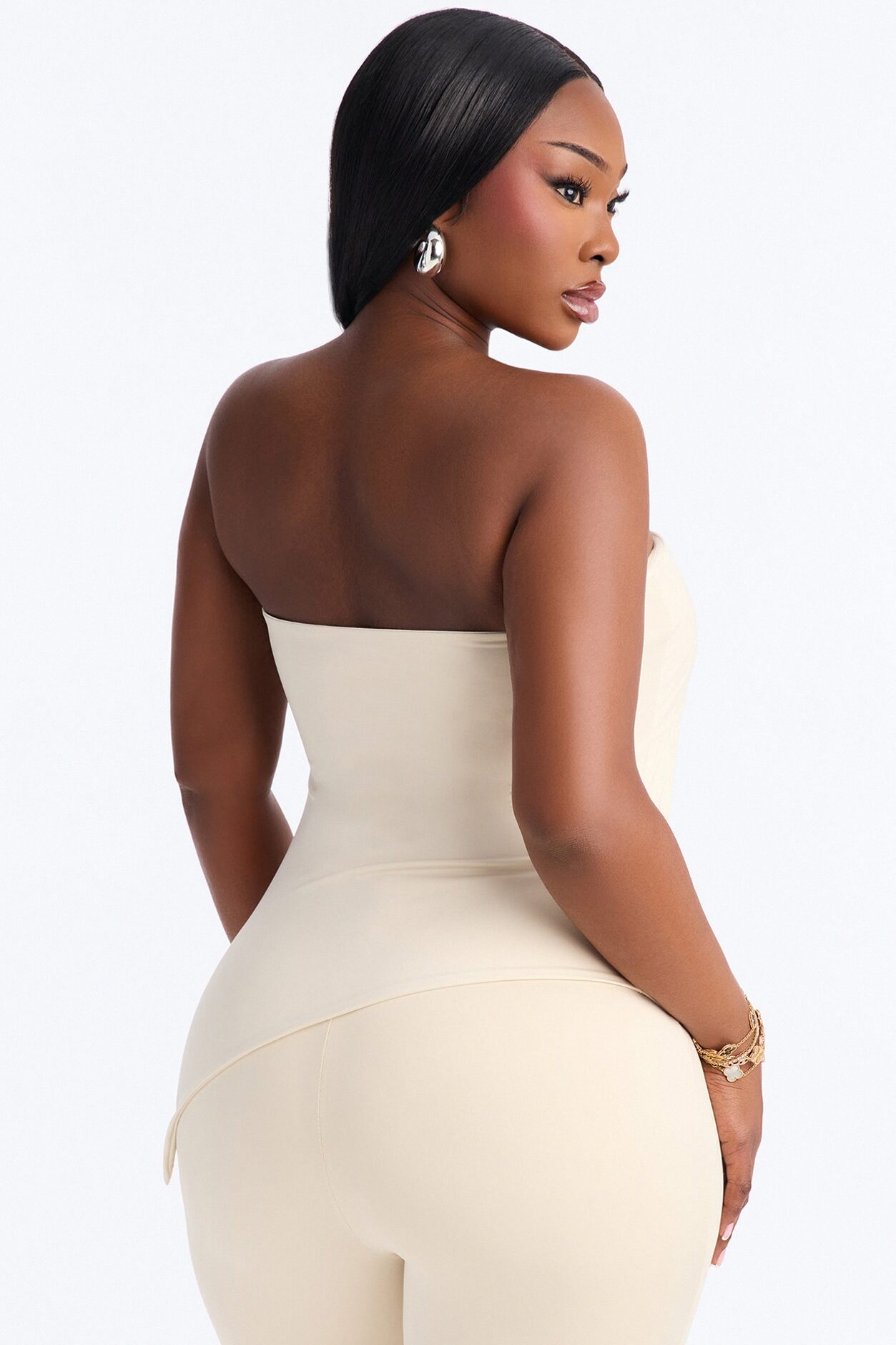 Contour Double Lined Asymmetrical Split Tube Top - Bone
