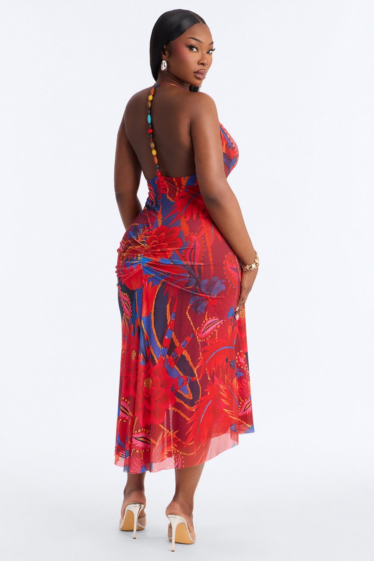Draya Floral Mesh Midi Dress - Red/combo