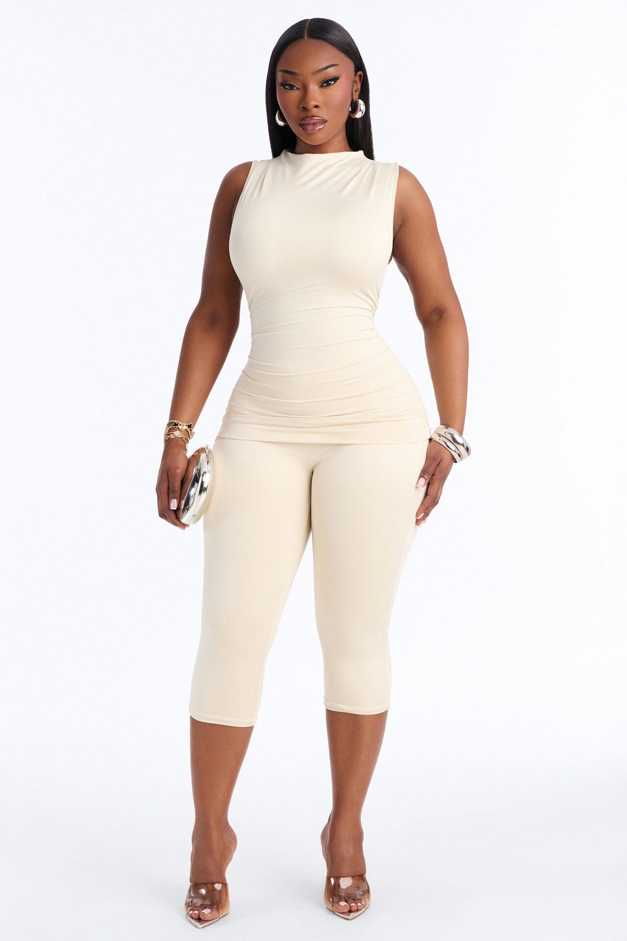Contour Double Lined Ruched Mock Neck Sleeveless Top - Bone