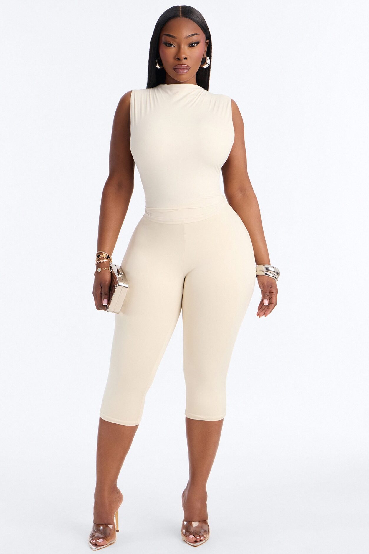 Second Skin Double Lined Mock Neck Racerback Top - Bone