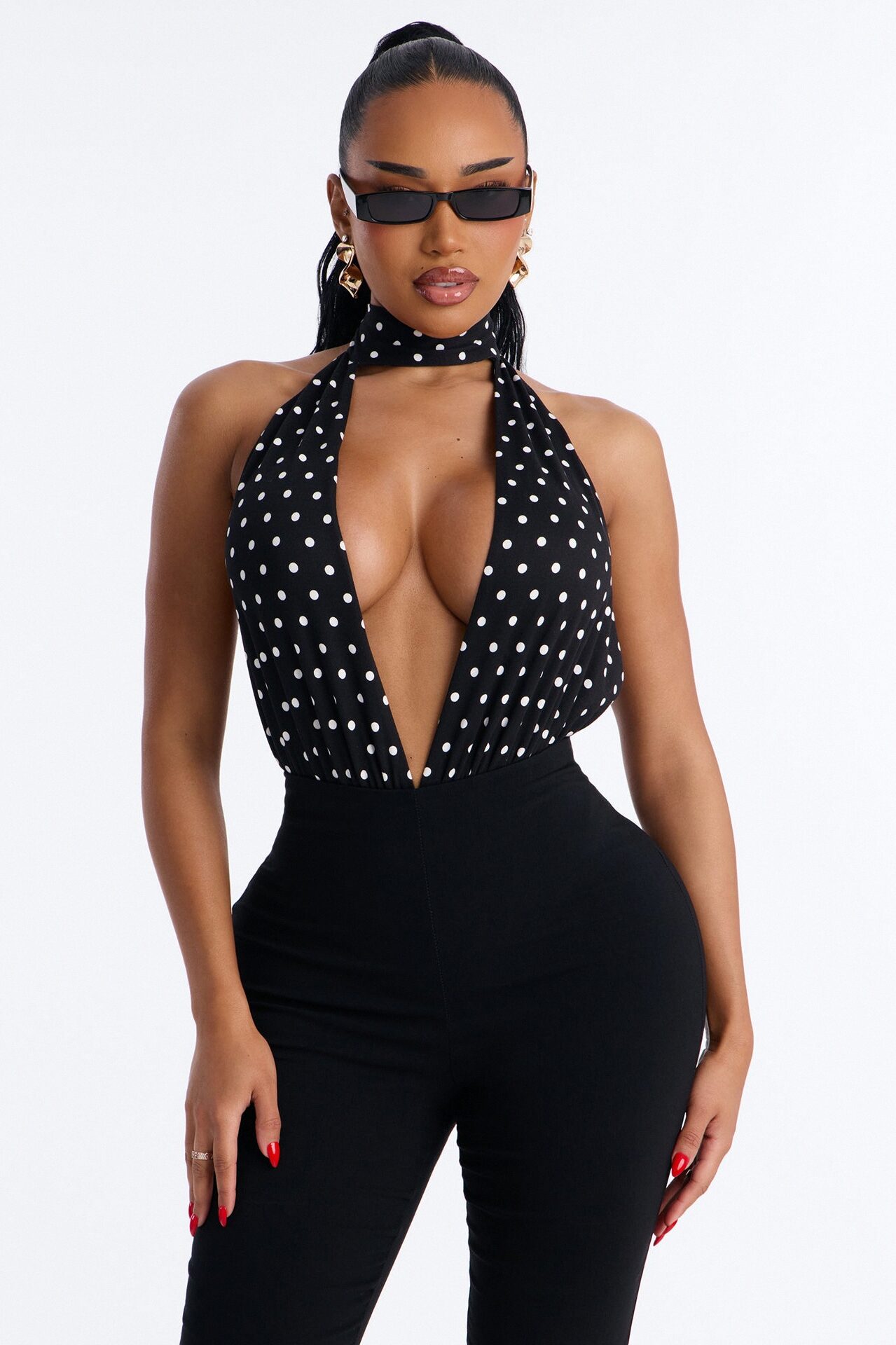 Lola Deep V-Neck Polka Dot Bodysuit - Black/combo