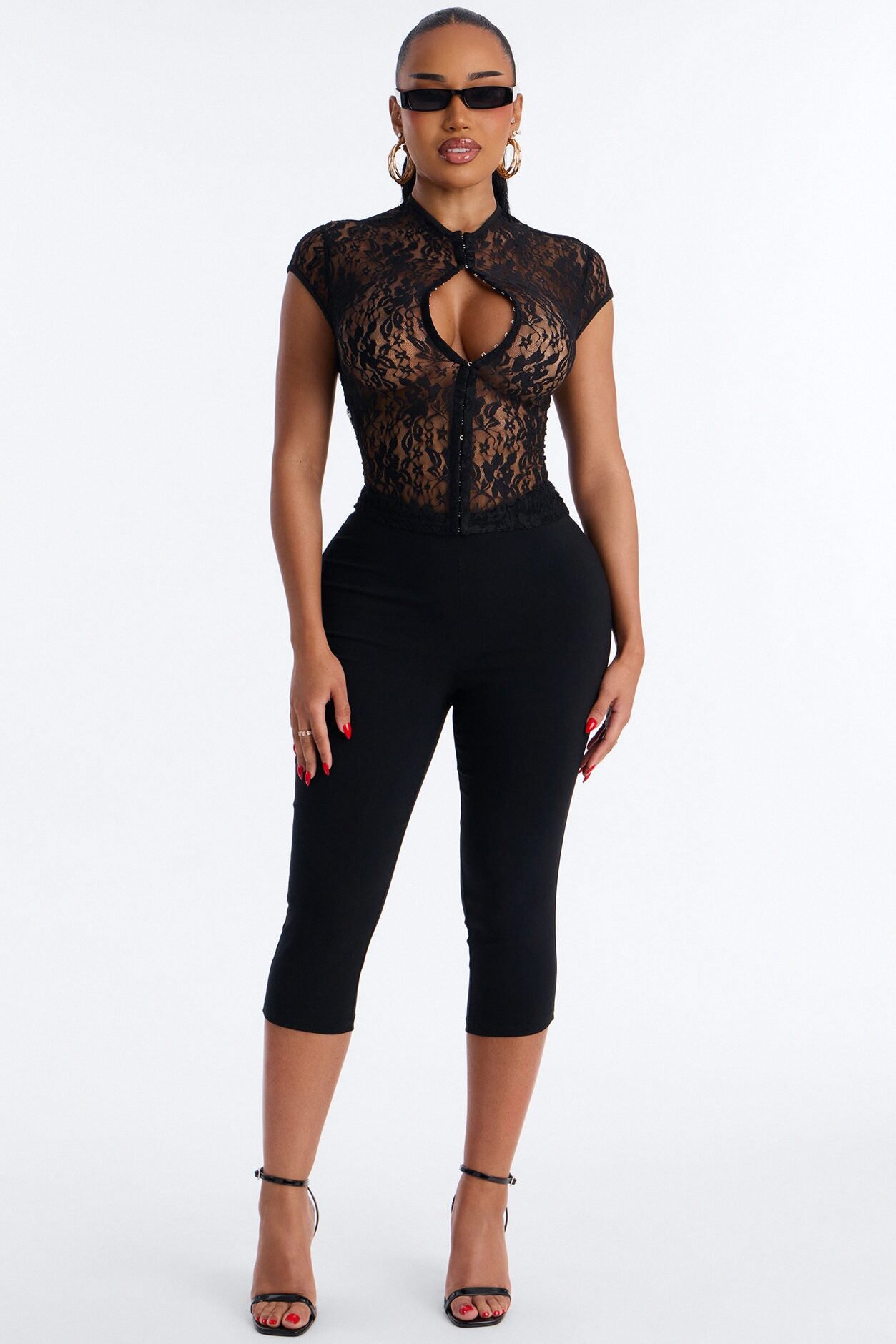 Lani Lace Mock Neck Cap Sleeve Top - Black