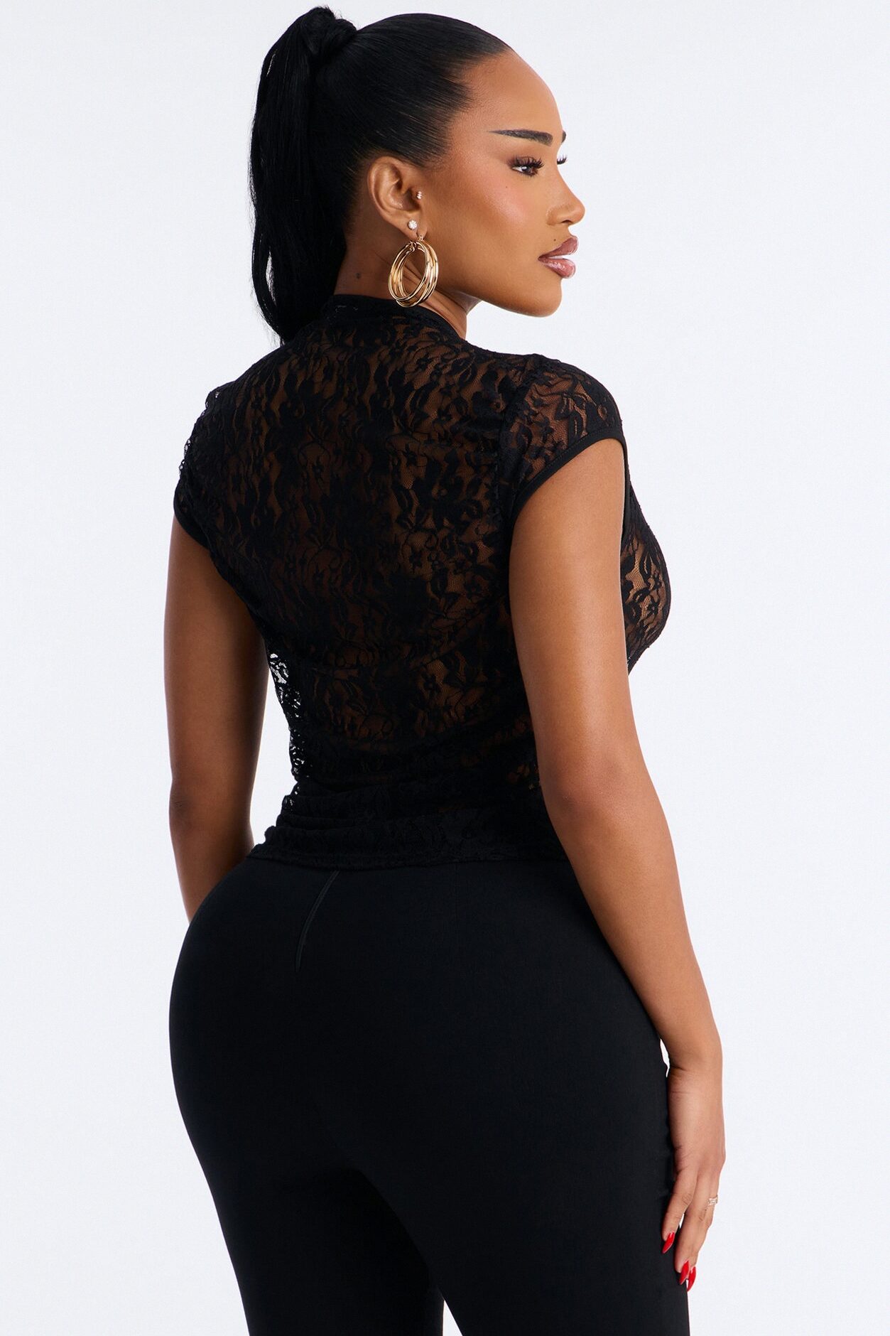 Lani Lace Mock Neck Cap Sleeve Top - Black