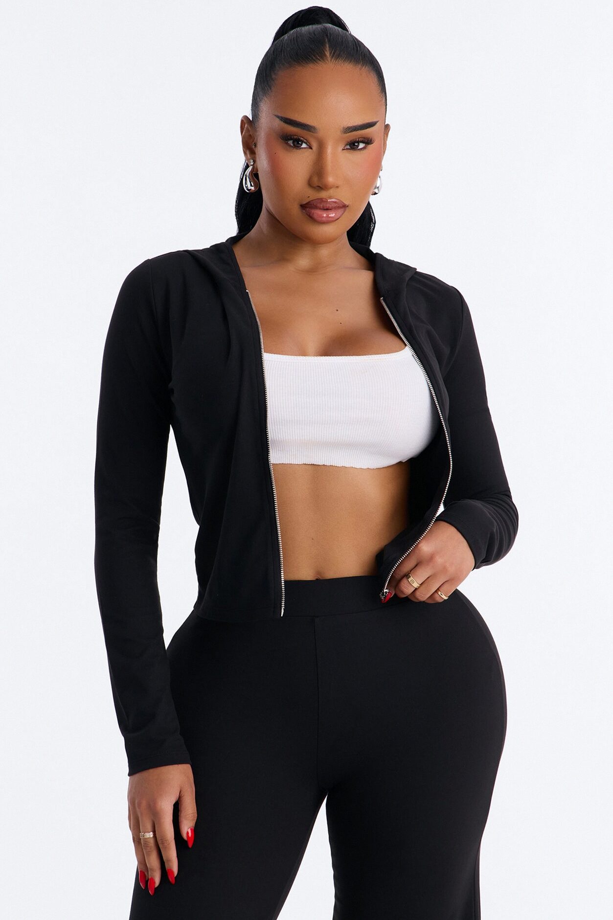 Casual Vibe Zip Up Hoodie Pant Set - Black