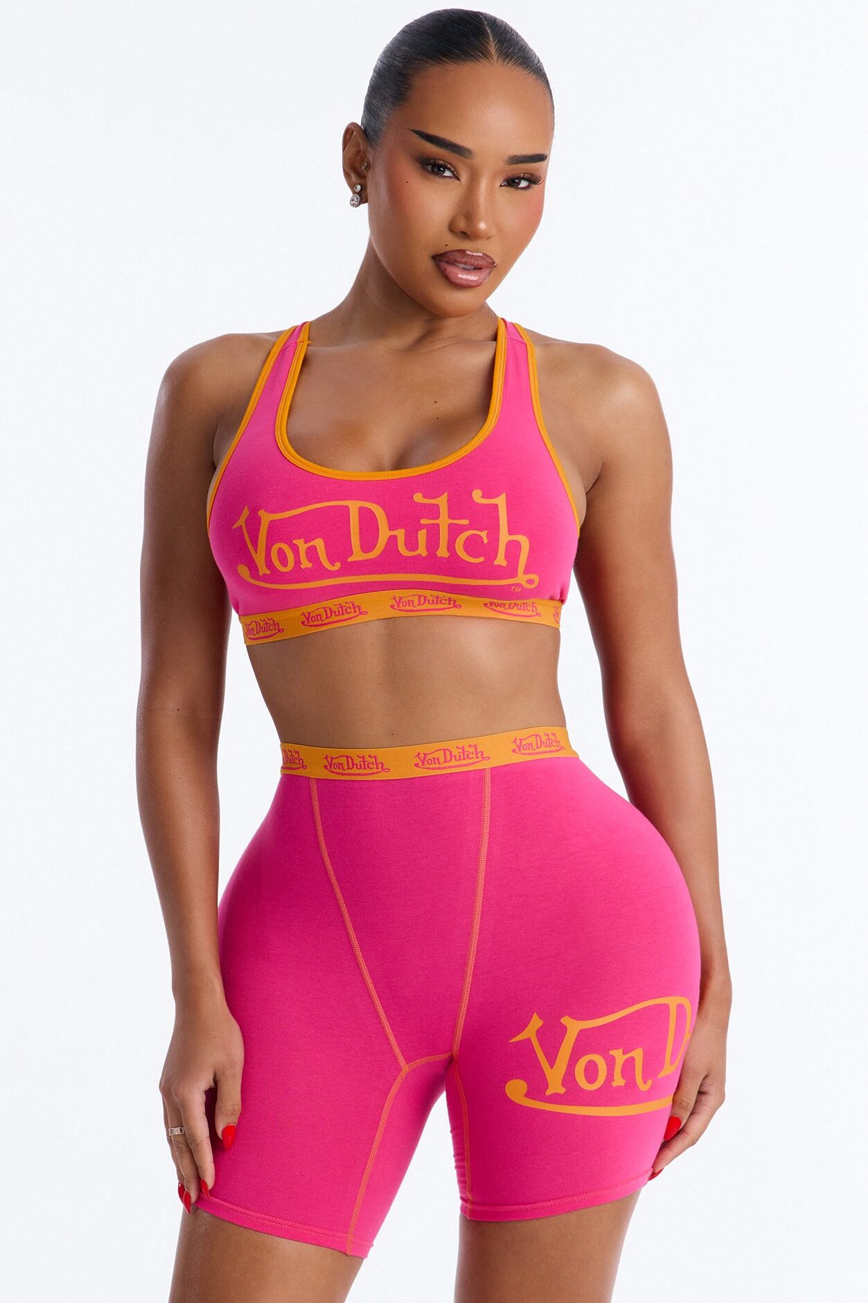 Von Dutch Contrast Stitching Bralette Boyshort High Waist 2 Piece Set - Fuchsia