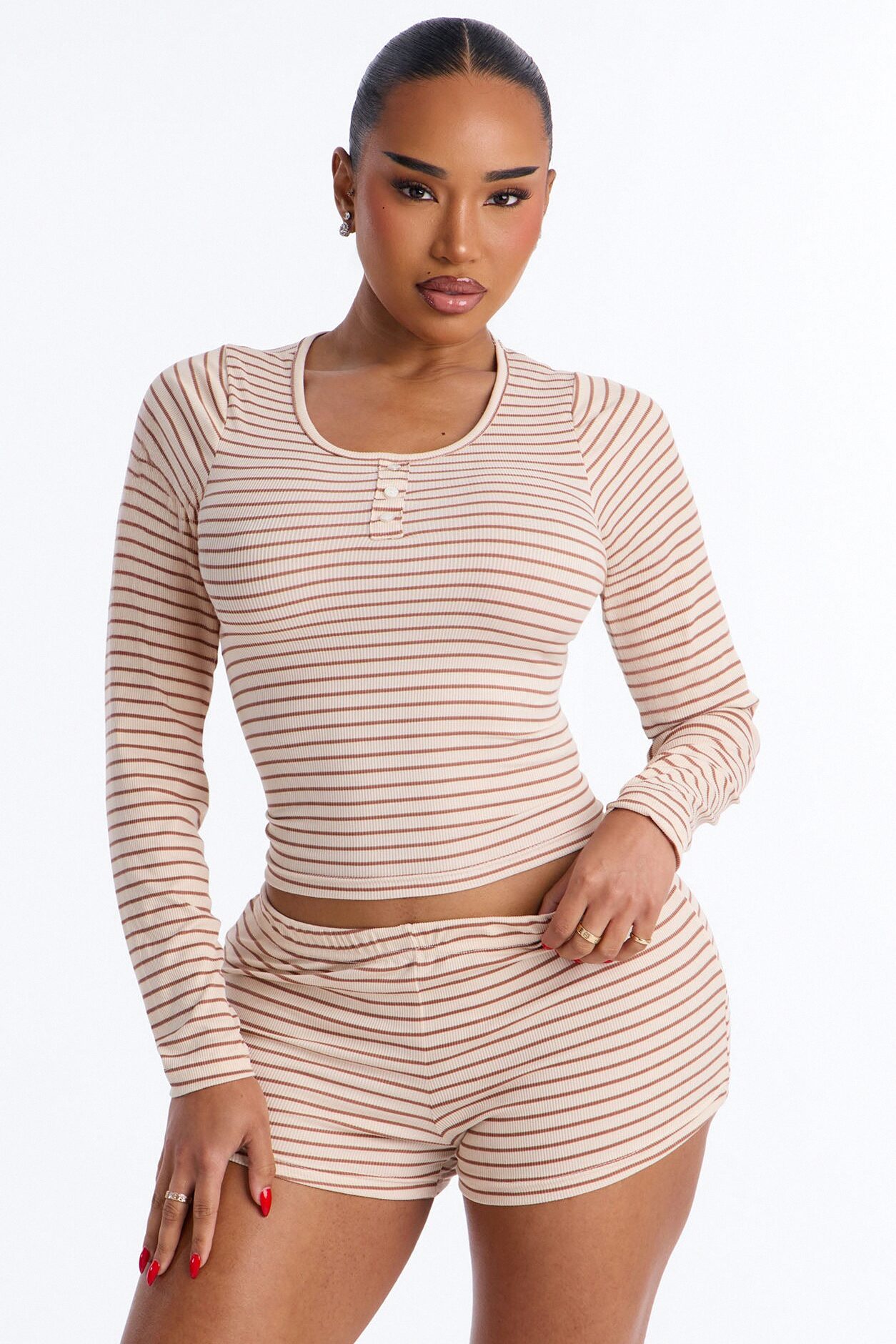 Nap With Me Long Sleeve Henley PJ Short Set - Brown