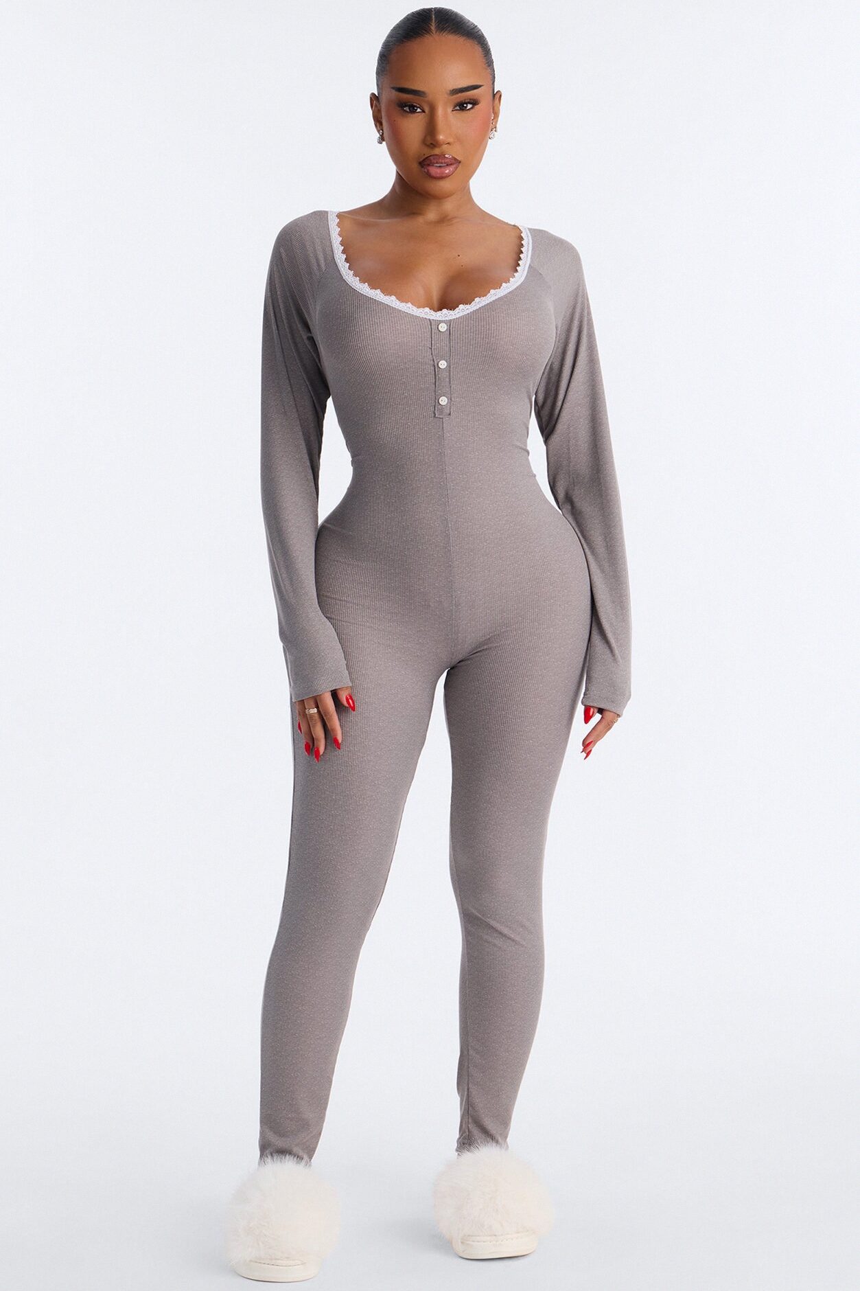 Stay In With Me Ribbed Henley PJ Jumpsuit Onesie - Charcoal