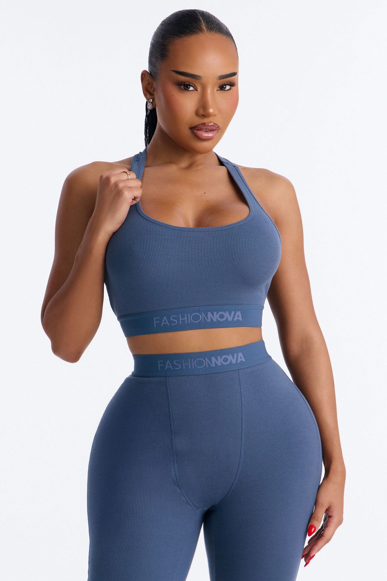 FN Mood Racerback Bra And Legging 2 Piece Ribbed Cotton Set - Slate Blue