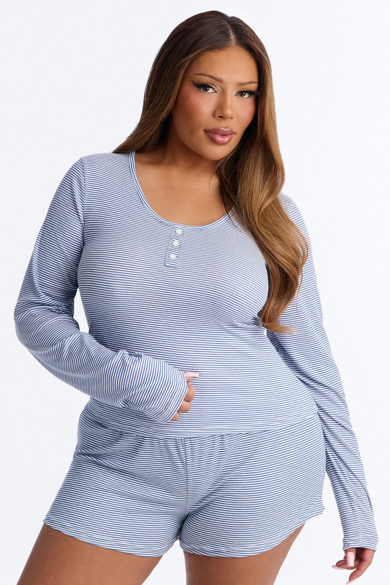 Nap With Me Long Sleeve PJ Short Set - Slate Blue
