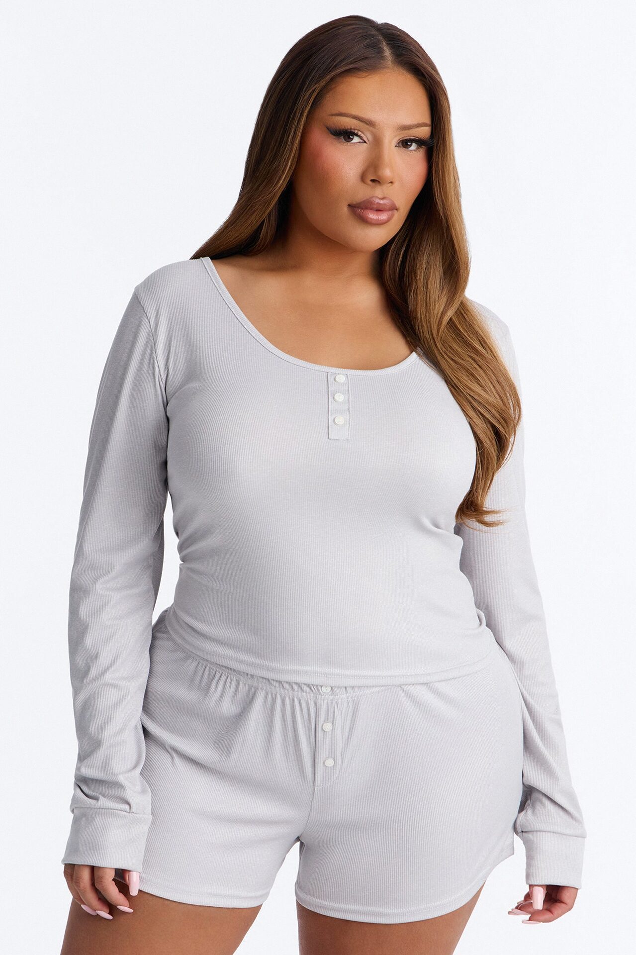 Relaxed Vibe Ribbed Henley PJ Boxer Short Set - Heather Grey