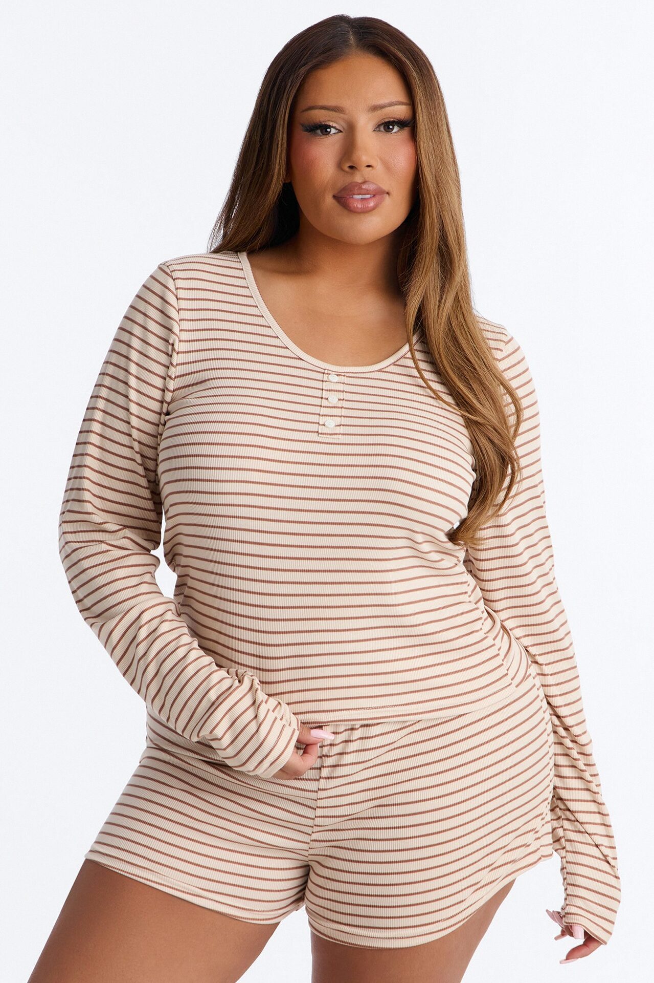 Nap With Me Long Sleeve Henley PJ Short Set - Brown