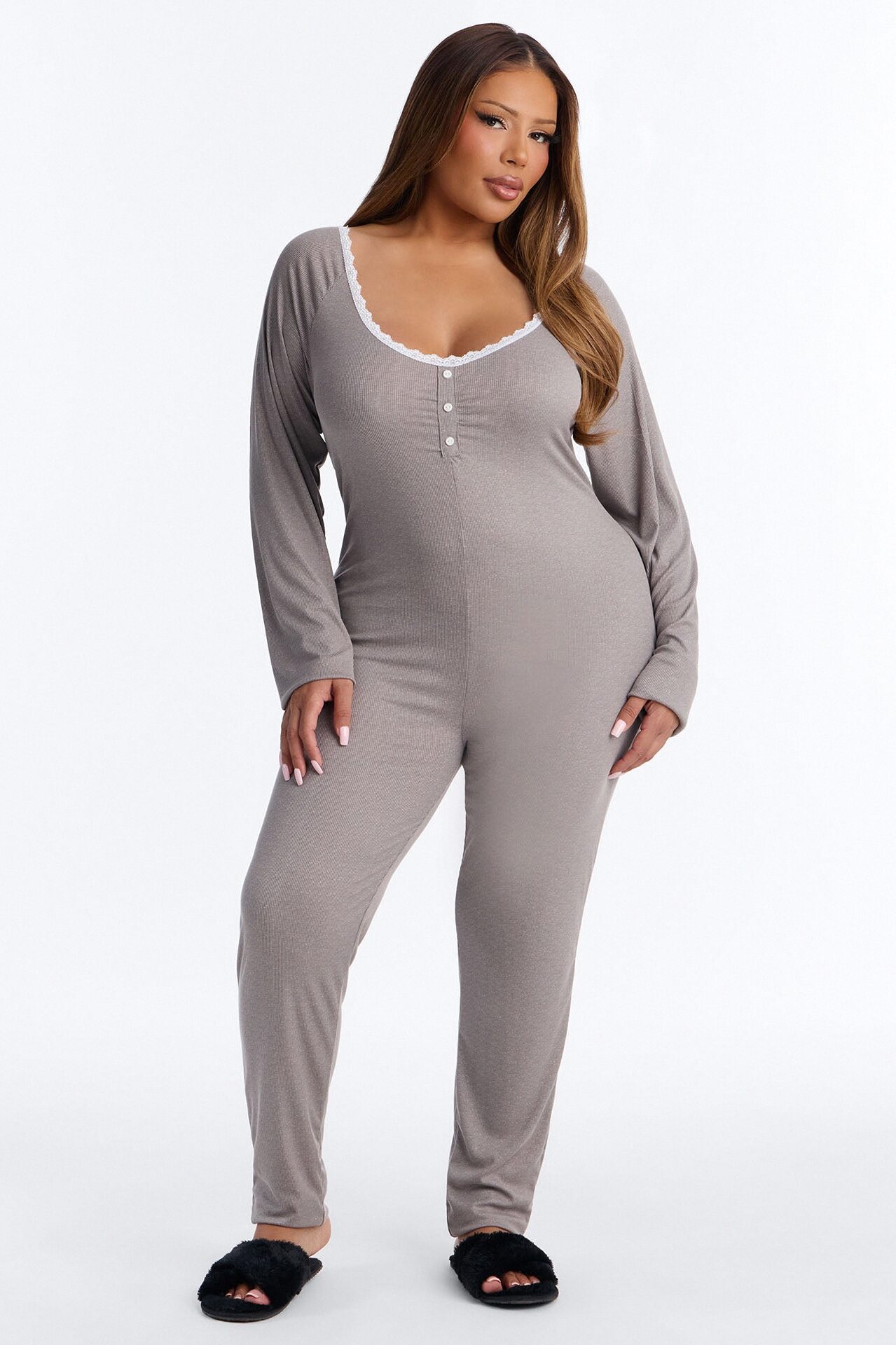 Stay In With Me Ribbed Henley PJ Jumpsuit Onesie - Charcoal