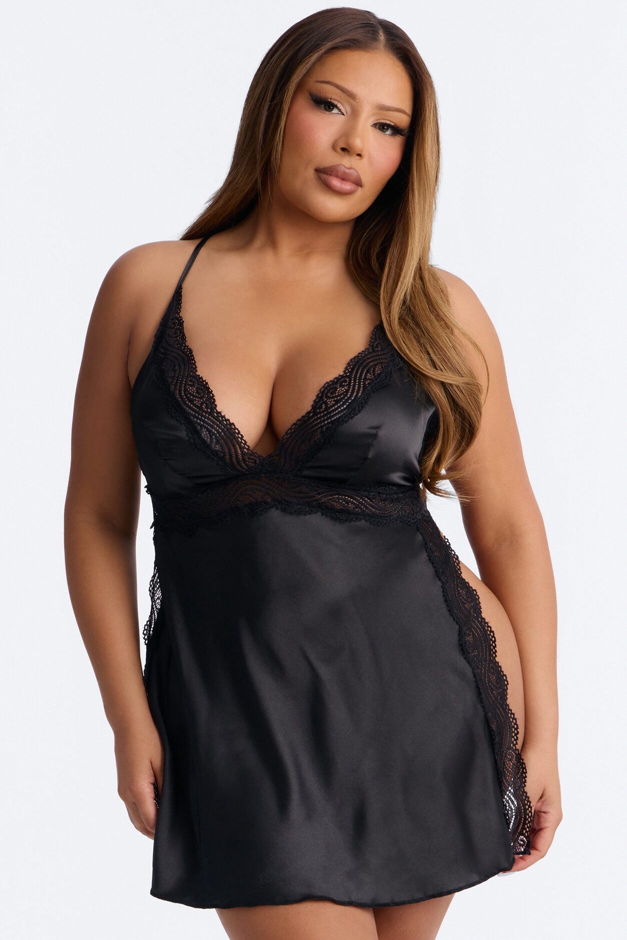 Martina Satin Lace Trim Babydoll - Black