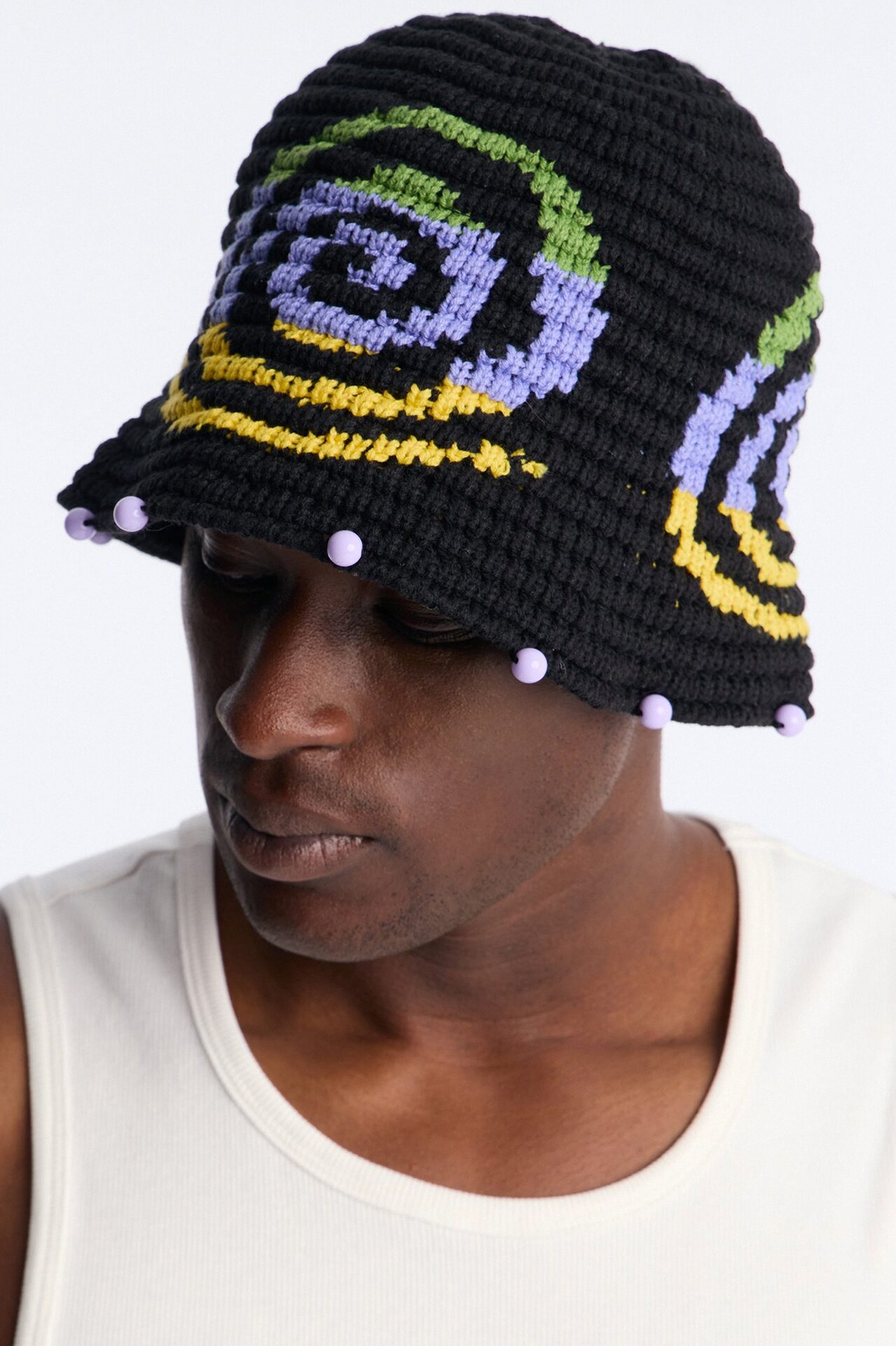 Swirl Crochet Knit Bucket Hat - Black