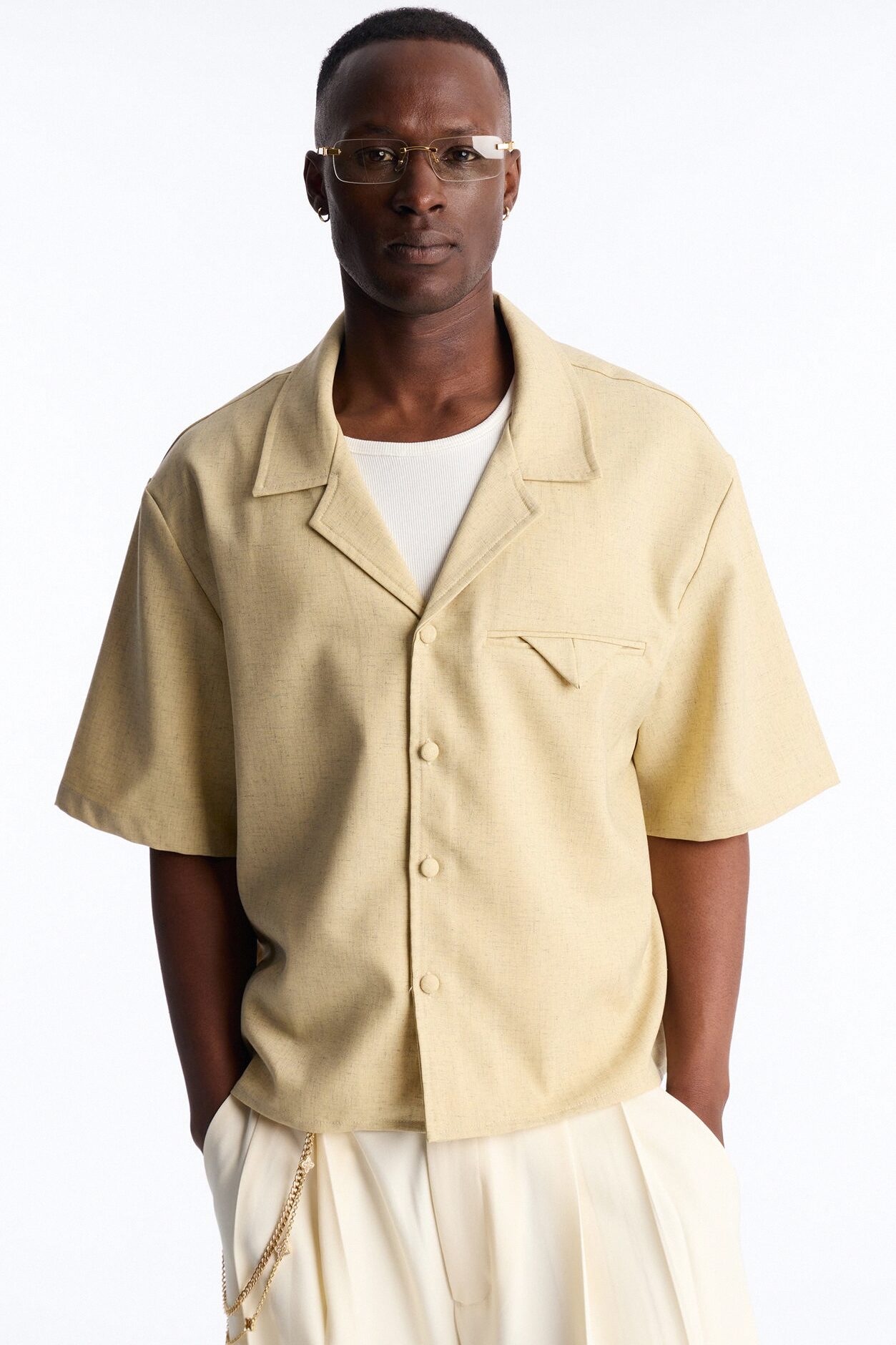 Maison Tailored Textured Button Up Shirt - Stone