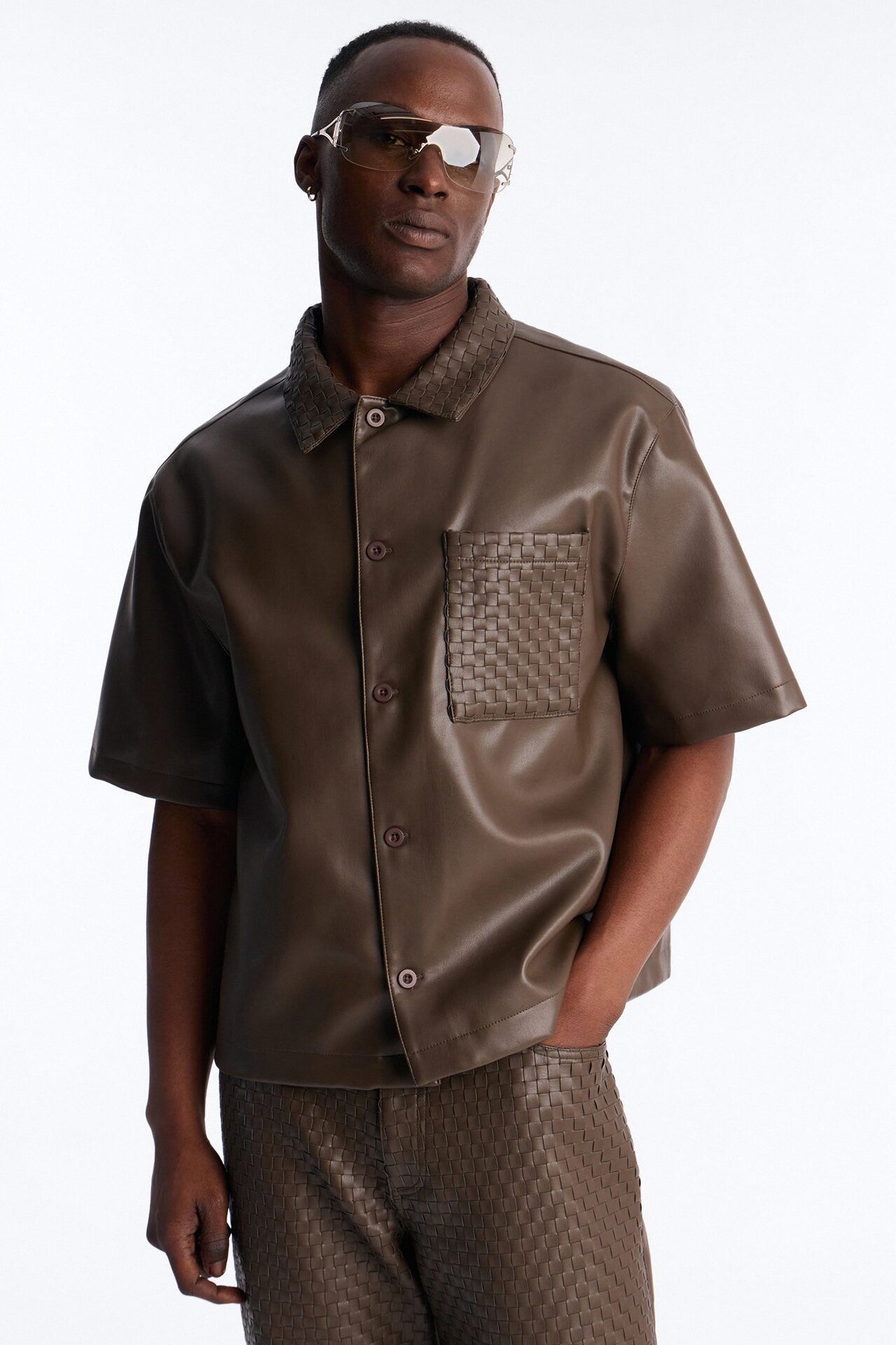 Dont Cross Me Weaved Faux Leather Cropped Shirt - Brown