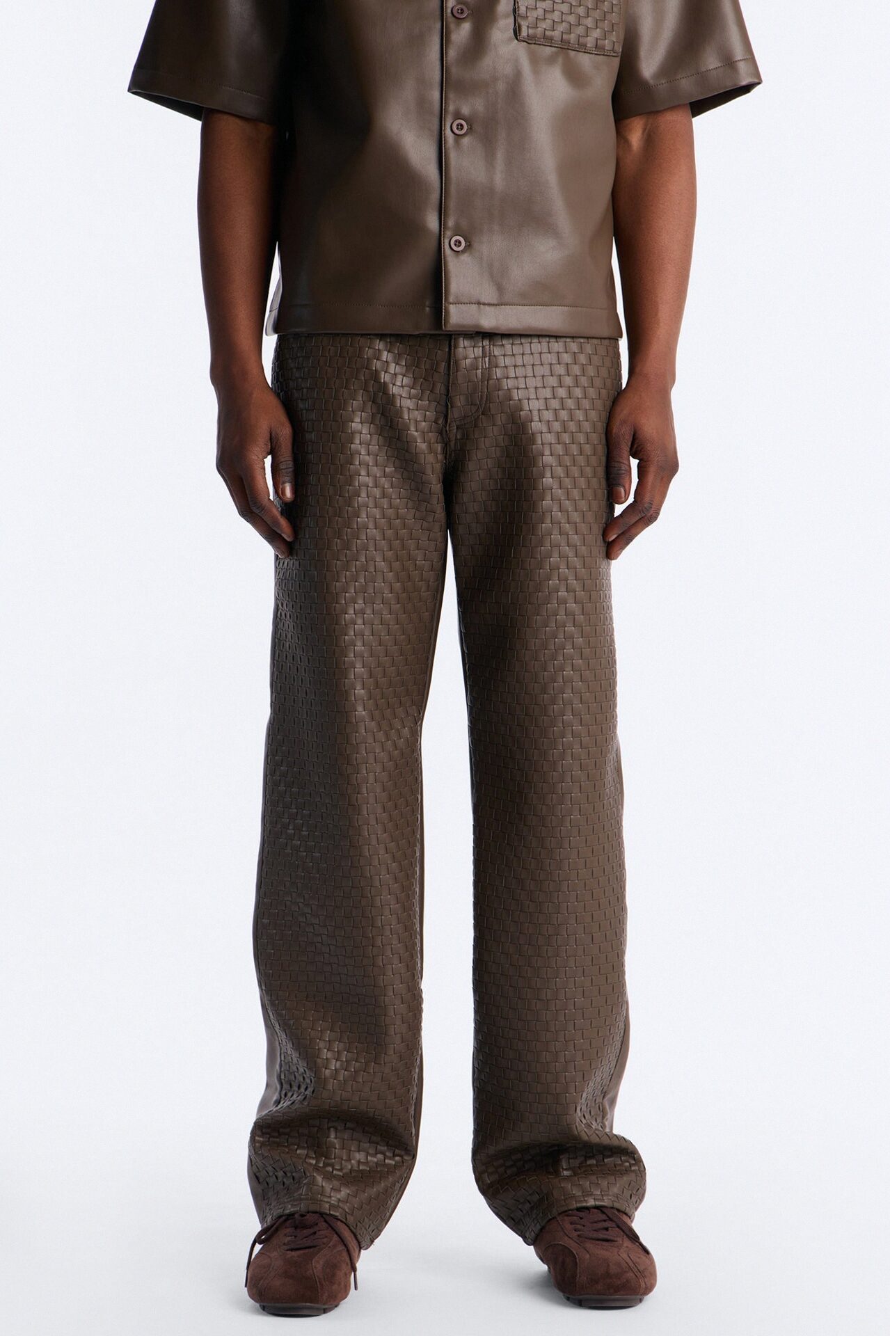 Don't Cross Me Weaved Faux Leather Straight Pant - Brown