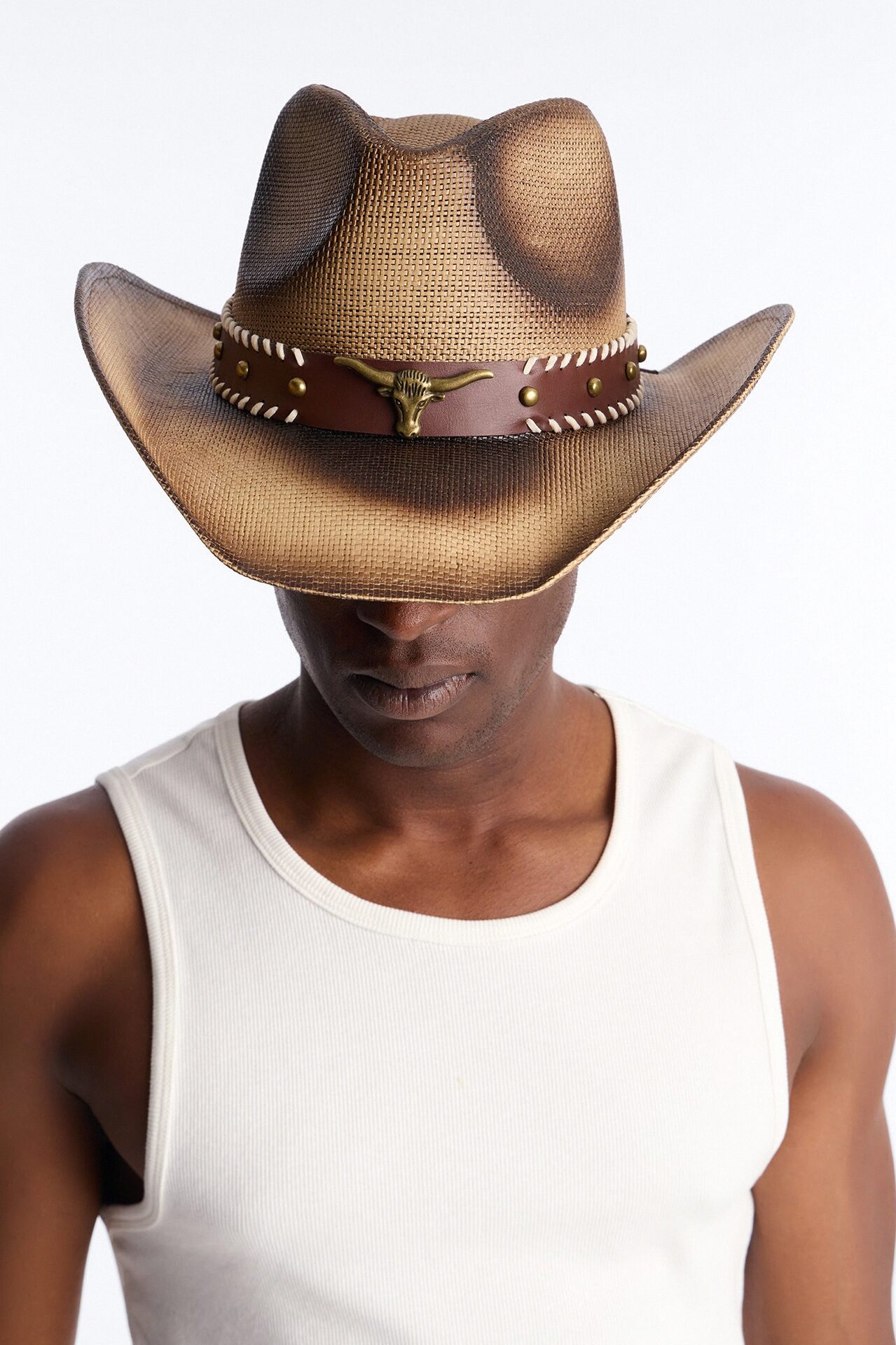 Western Washed Detail Cowboy Hat - Ivory/combo