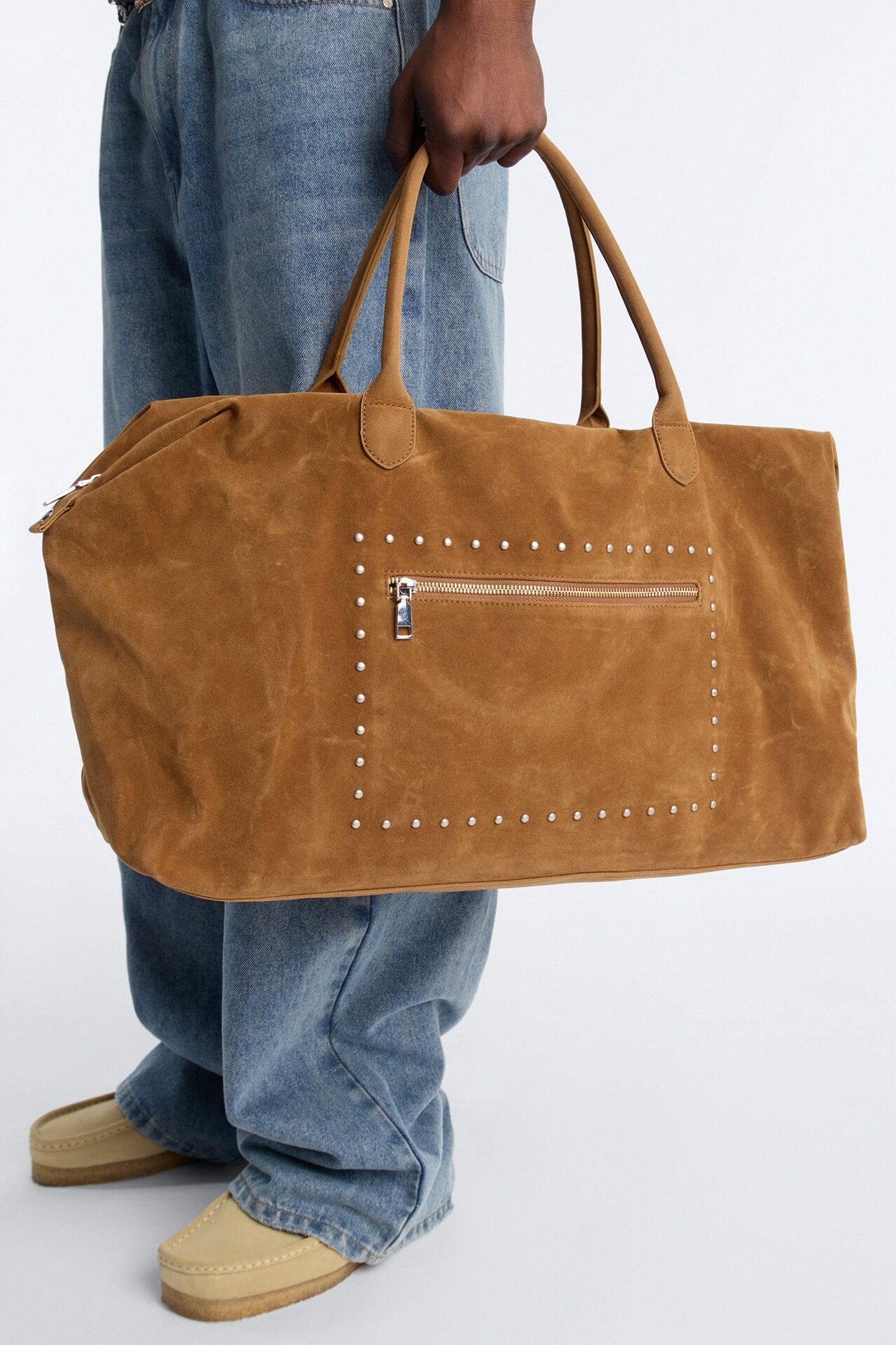 Faux Suede Studded Weekender Bag - Camel