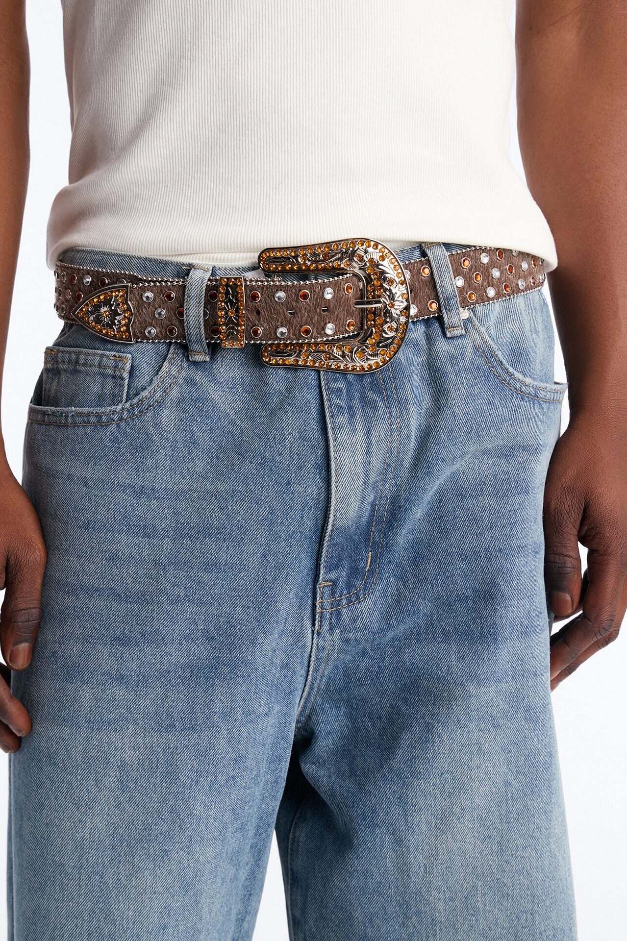 Rhinestone Embellished Faux Pony Hair Western Buckle Belt - Brown