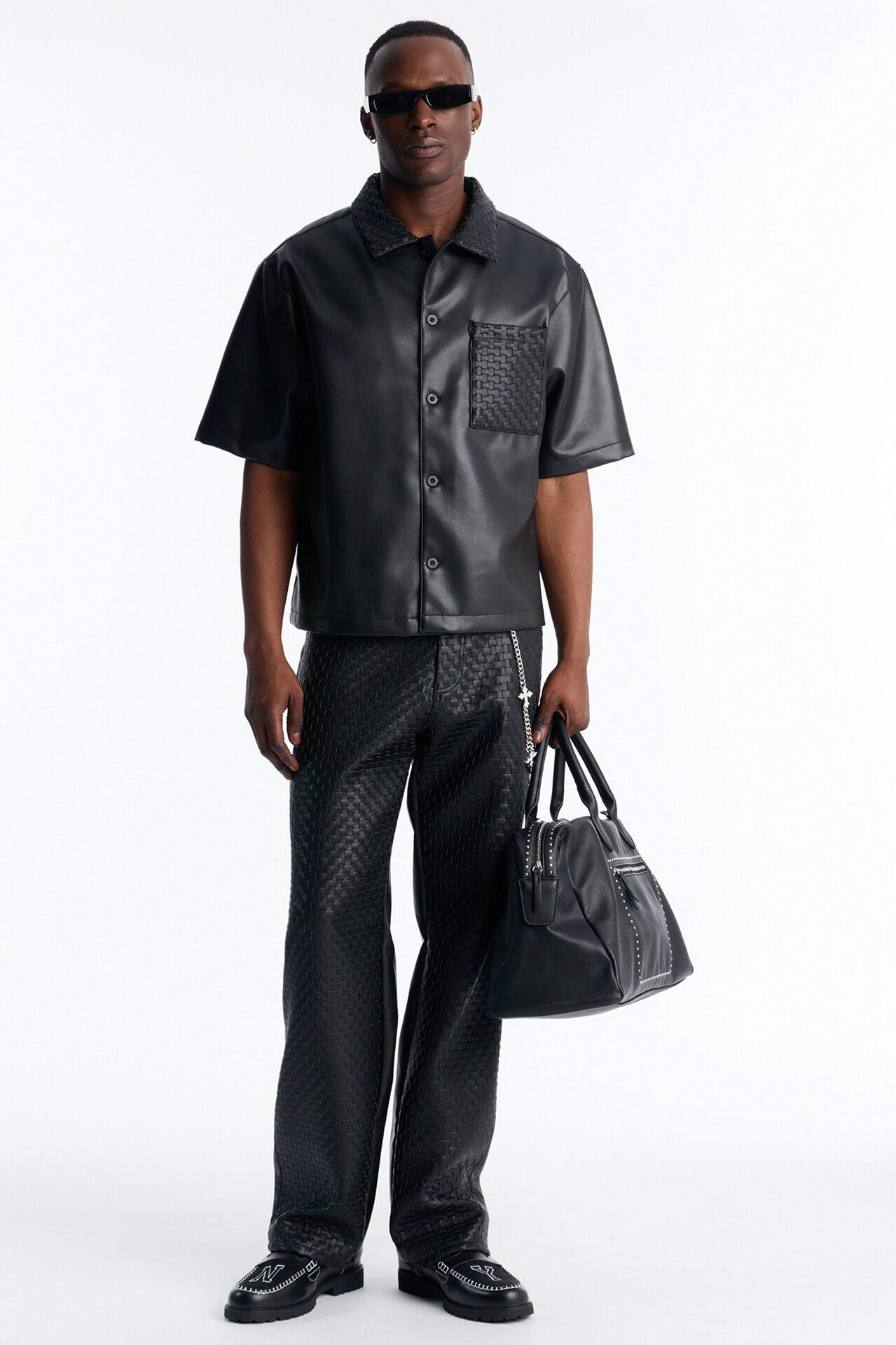 Dont Cross Me Weaved Faux Leather Cropped Shirt - Black