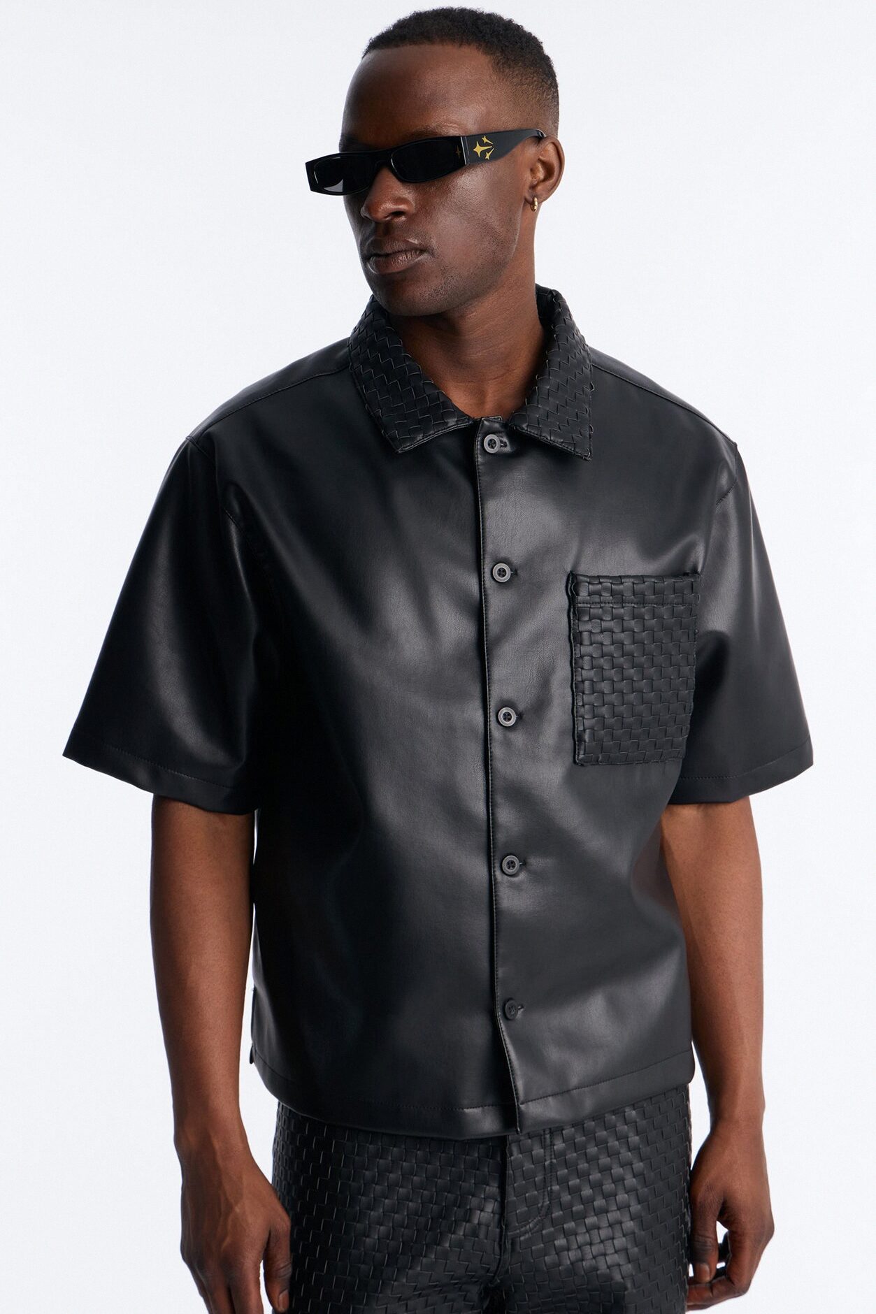 Dont Cross Me Weaved Faux Leather Cropped Shirt - Black