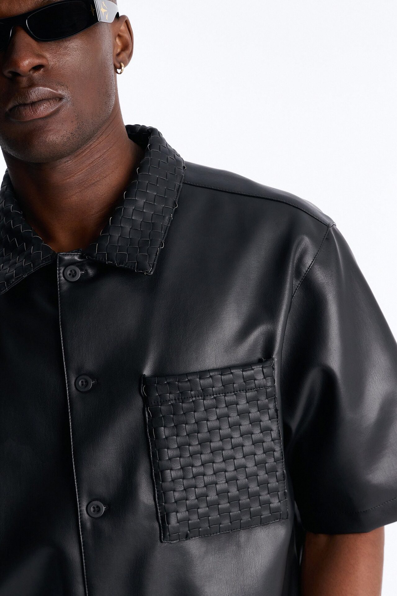 Dont Cross Me Weaved Faux Leather Cropped Shirt - Black