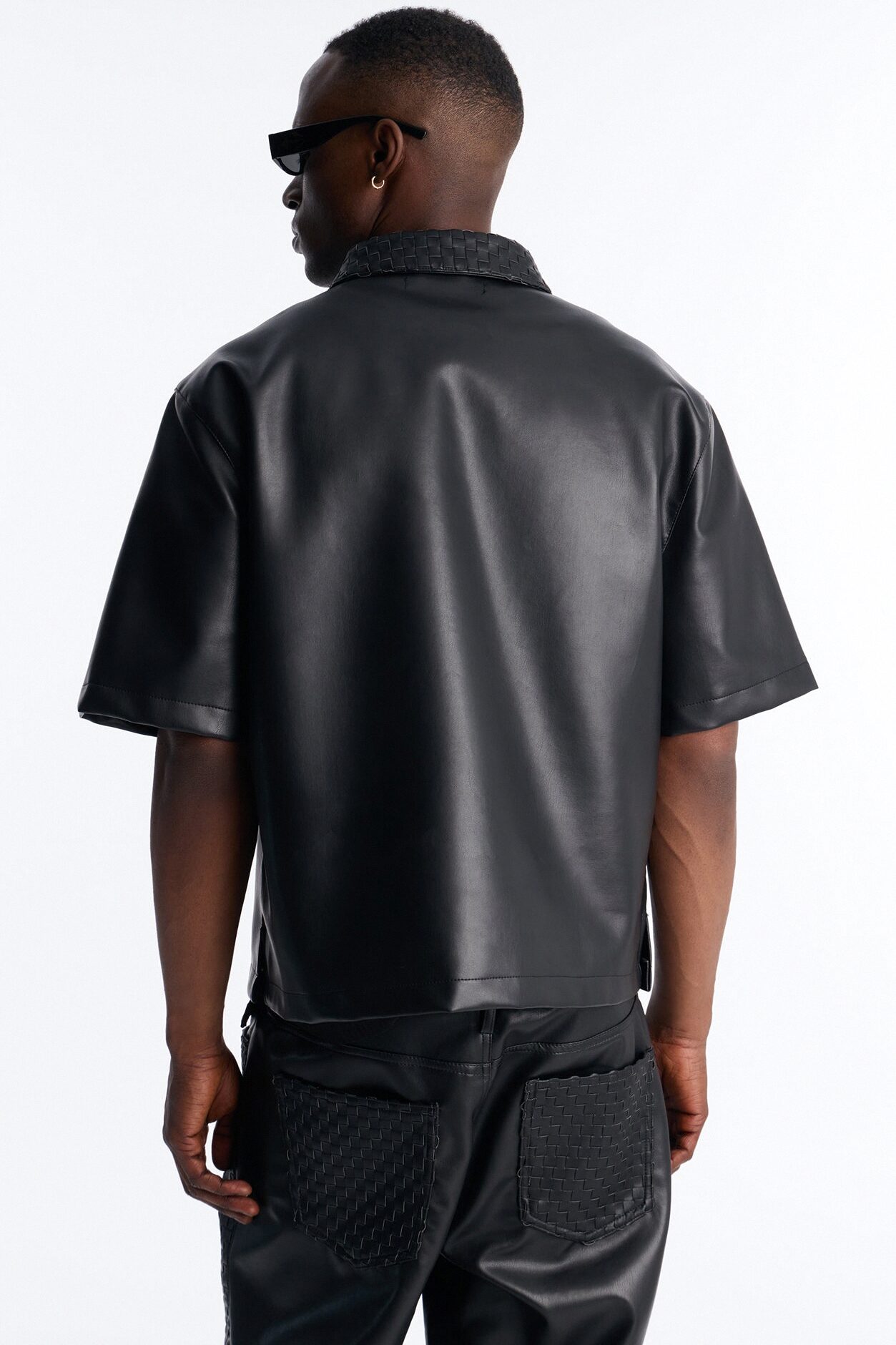 Dont Cross Me Weaved Faux Leather Cropped Shirt - Black