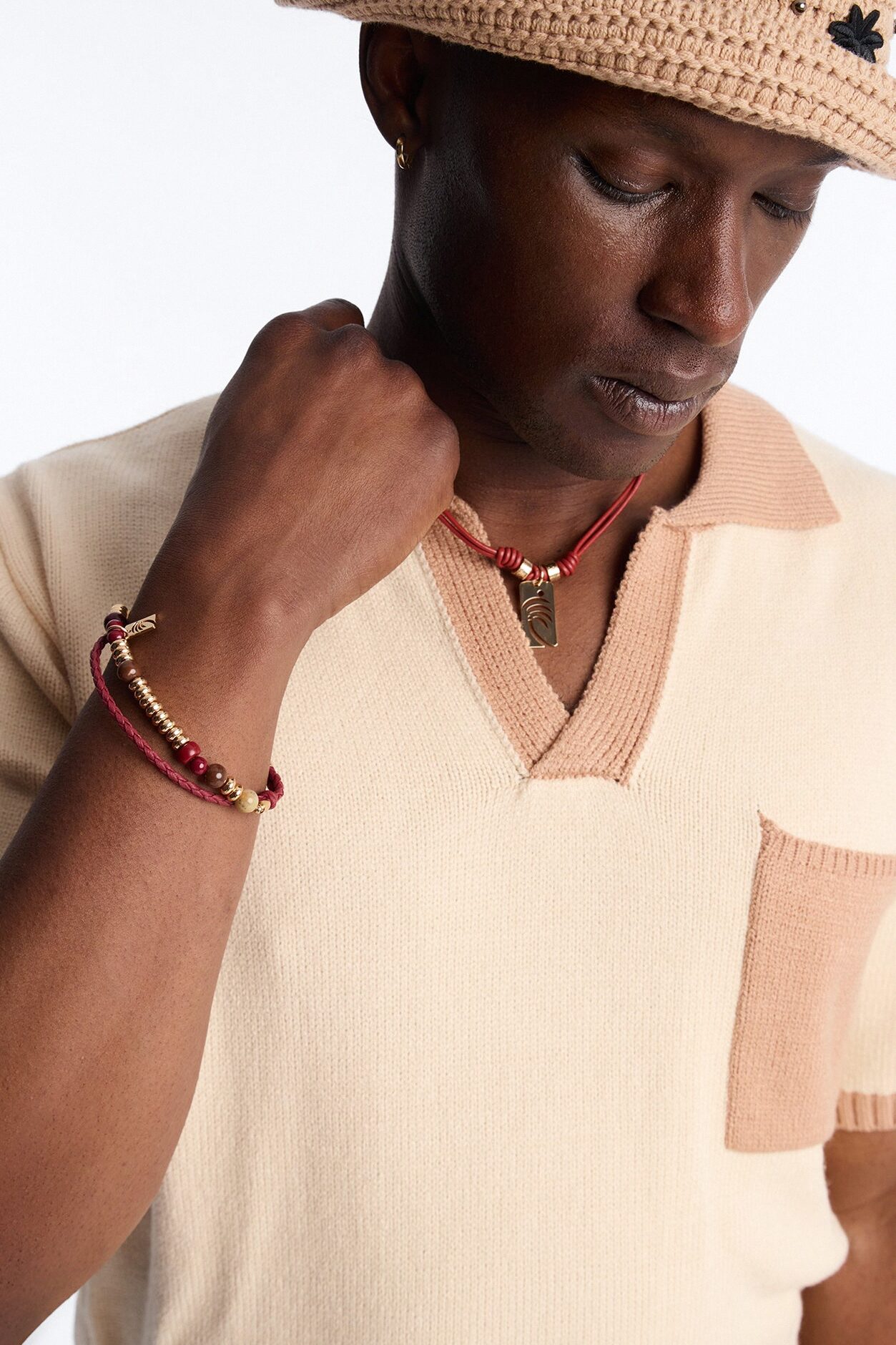 Palm Faux Leather Cording Necklace And Bracelet Set - Burgundy