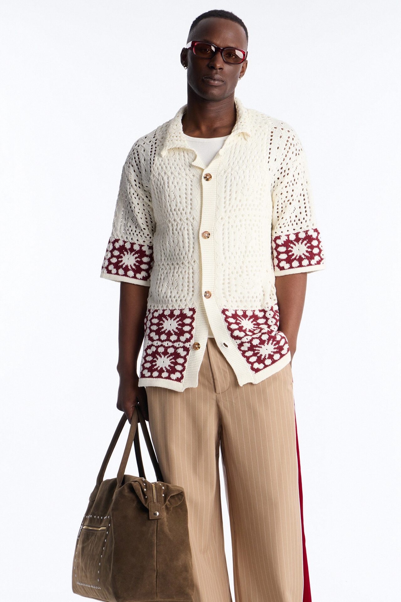 Relaxed Sunstage Crochet Cuban Collar Button Up Shirt - Wine