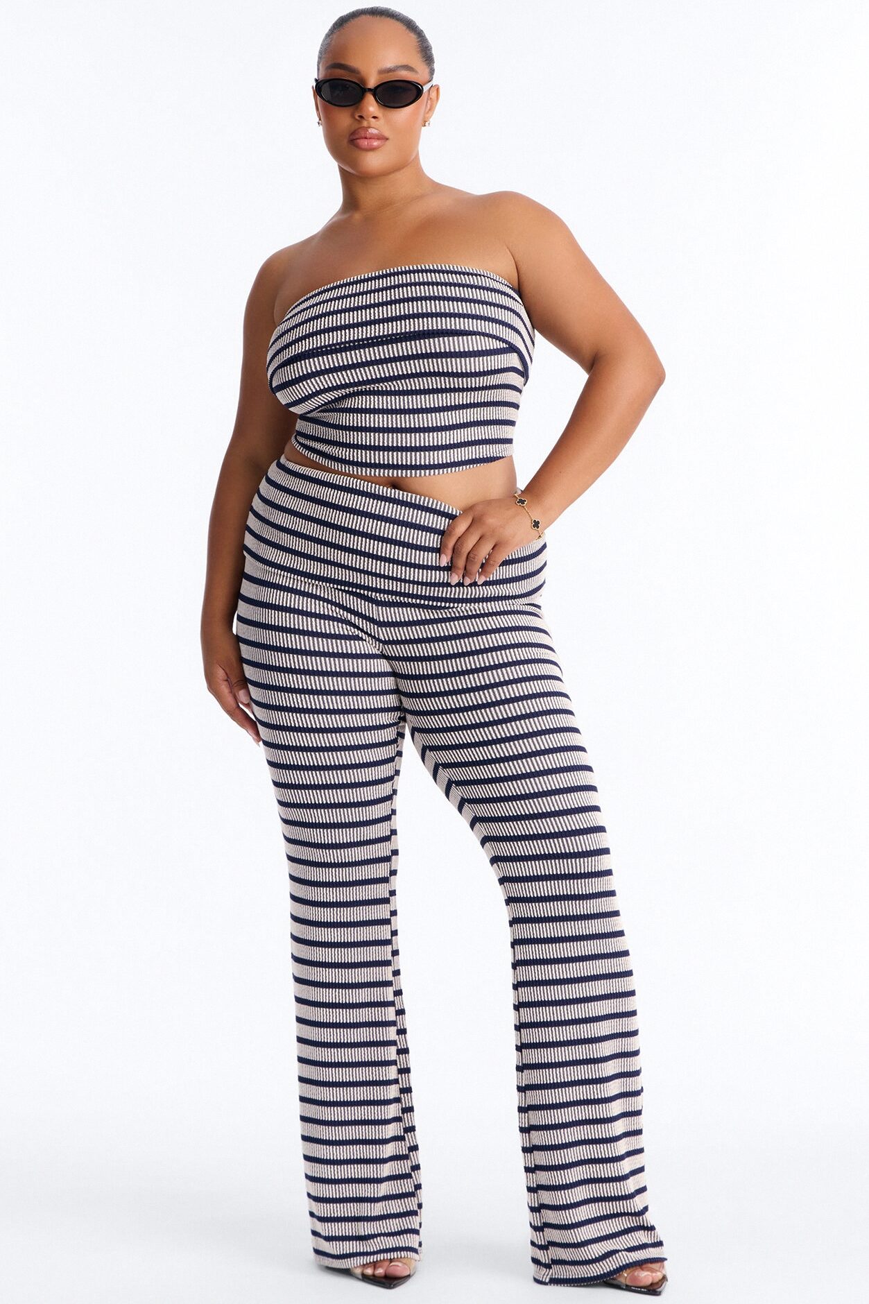 Melody Jacquard Striped Pant Set - Navy/combo